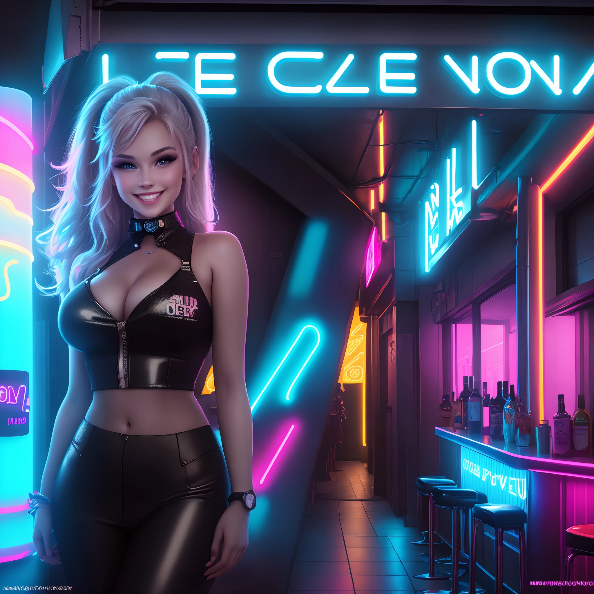 Design a cover for your website, Neon Beauty, Smiling, Model,survey, in the neon bar, Detailing, Cinematic