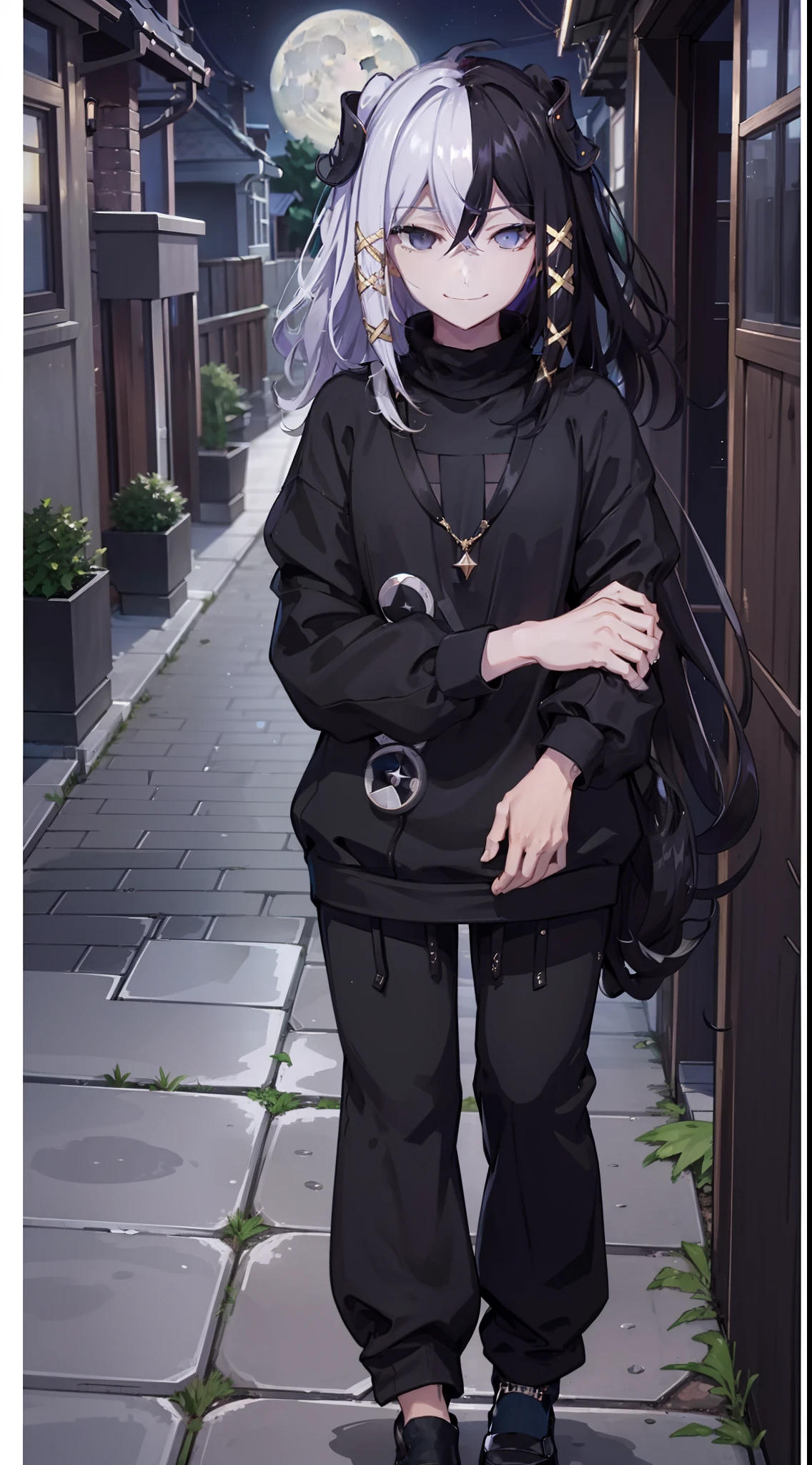 night time, neighbourhood, outside, dark sky, stars, moon, black sweater, black sweatpants, going to convenience store, naughty smile, domineering smile, arrogant expression, cocky attitude, masterpiece, best quality,