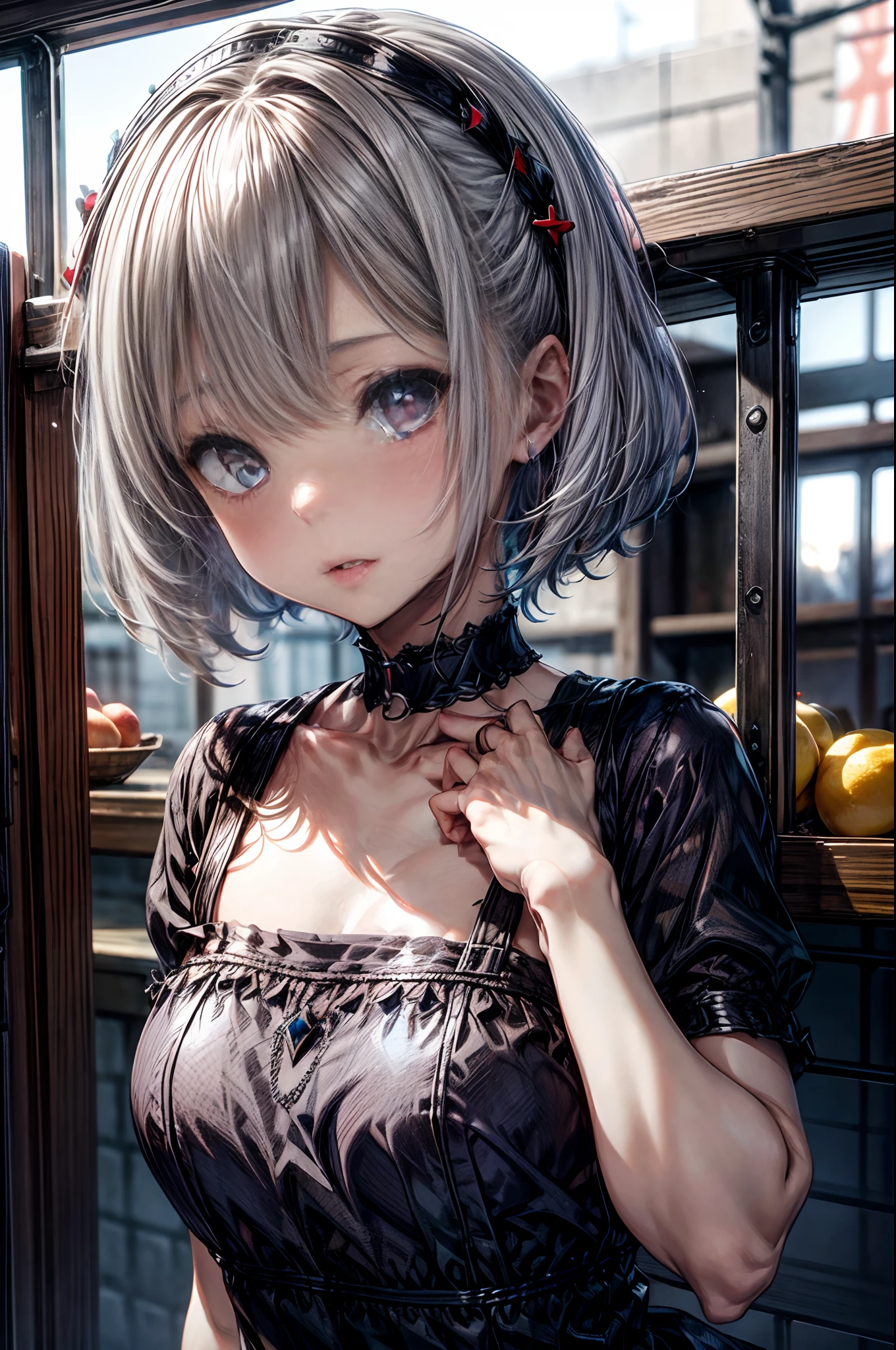 mash kyrielight, White hair, short hair, red eyes, girl, woman, female, , child,ears olir, curly hair, bangs, eyes visible through hair, side braid, white hair, multicolored hair, red  inner color, beautiful detailed Glass hair, delicate beautiful face, red pupils, fangs, small_breasts, pale blue eyes, white skin, choker, gloves, nice hands, perfect hands, camisole, (holding fruit), lemon, grapefruit, parted lips, blush, skirt, earring, holding food, bang, in fruit market, more_details:-1, more_details:0, more_details:0.5, more_details:1, more_details:1.5