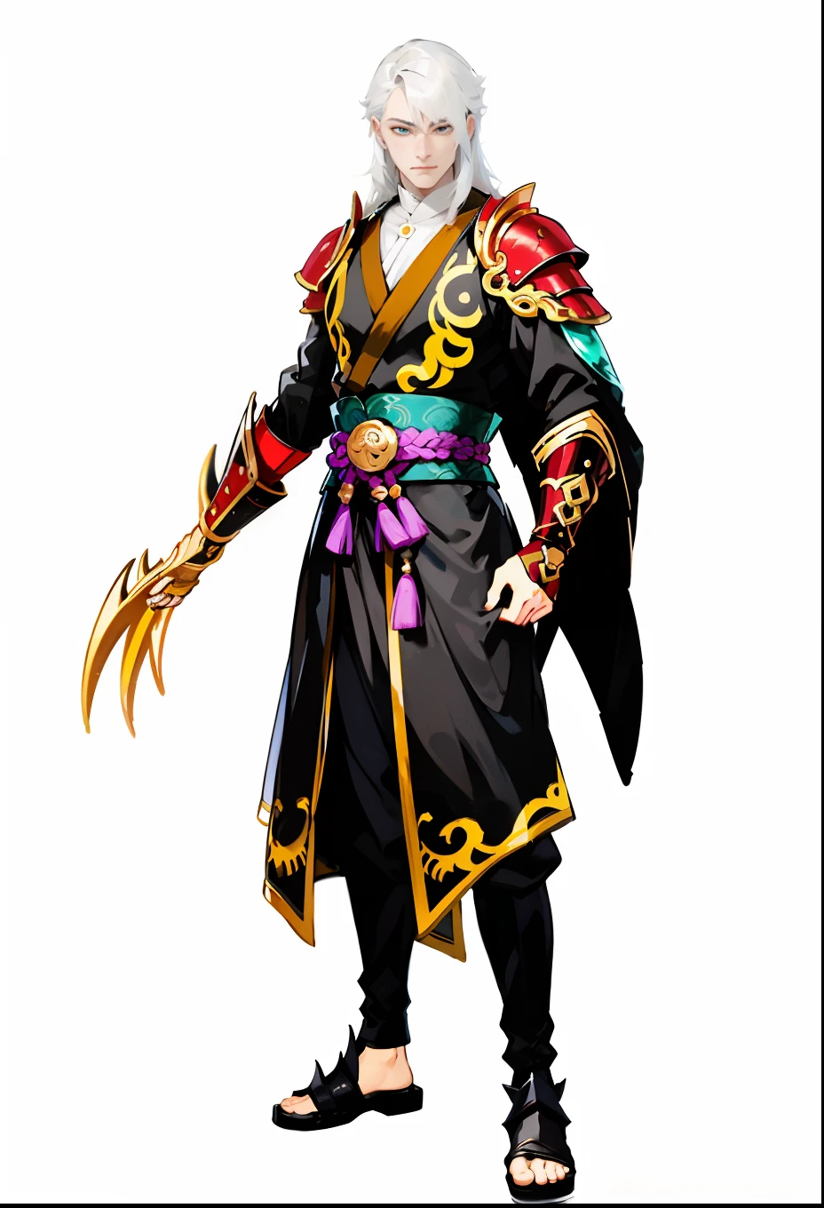 A man dressed in black and gold holds a sword, Onmyoji detailed art, zhongli from genshin impact, Keqing from Genshin Impact, Genshin impact's character, onmyoji portrait, onmyoji, official character art, shirow masamune, Character artwork, Genshin, style of duelyst, Inspired by Huang Shen
