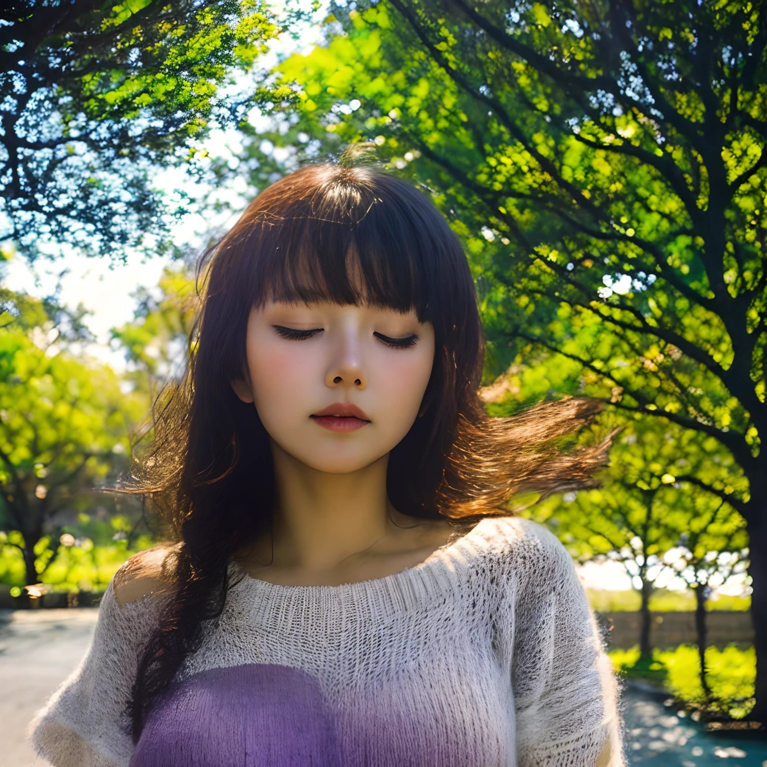 mixed photo Standing in front of Ochanomizu station in Tokyo with green street trees in the background, there is a teenage Japanese in a light white summer knit, she knows the identity of the Ark Angel, she is deep in thought with her eyes closed. The future she sees behind her eyelids is painted in a thin layer on the background, a purple future according to perspective. There is the sunlight of a summer afternoon reflecting off the trees and streets.