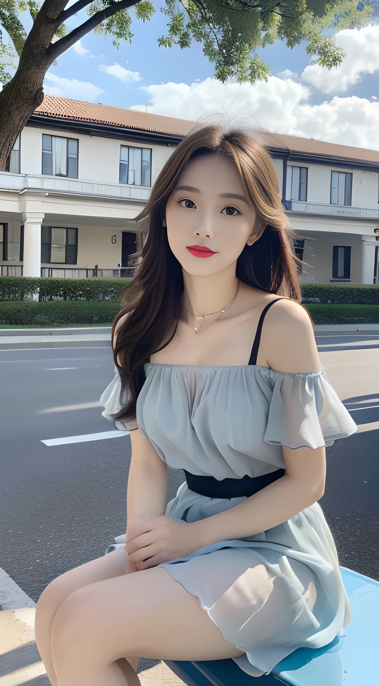 ((best qualtiy, 8K, tmasterpiece:1.3)), A pretty maiden,Pure,Melon seed face,gentle and cute,A sweet smile,Pure desire,Thin stature,(frontage),(Tilt your head),staring right into camera,uniform, Obi, formal,Black silky long, Straight hair,Long hair flowing over the shoulders,round black big eyes,Clear big eyes,Hydrated red lips,Sweet,Sit by the road,with blue sky and white clouds,grassy fields,Buildings,(Chiffon skirt,Chiffon tops)telephoto shot