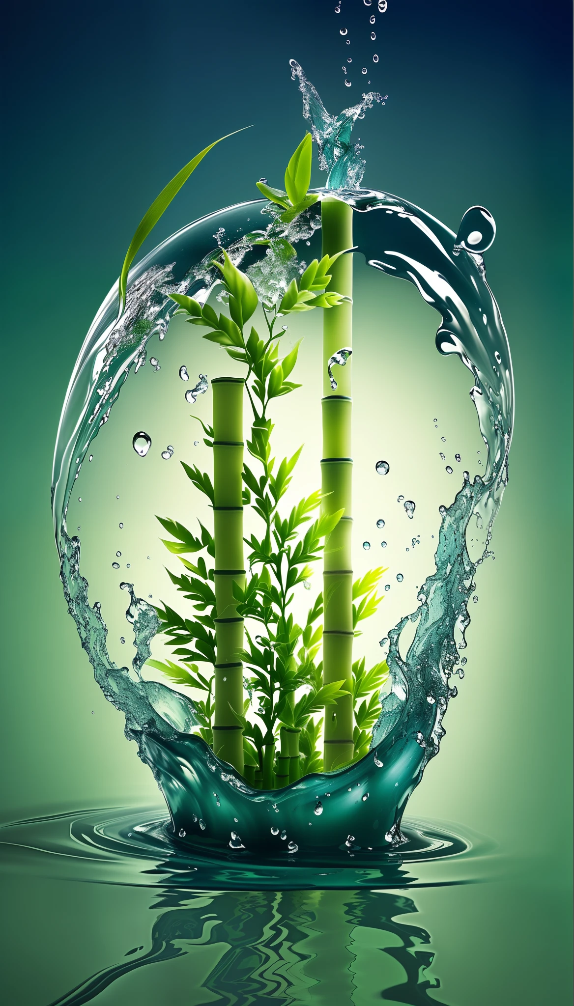 Close-up of plants splashed with water on top, water art manipulation, water art photoshop, amazing water art, photoshop water art, made of bamboo, water manipulation photoshop, bamboos, water treatment, spirited water plants, wallpaper hd, amazing wallpapers, Beautiful wallpaper, high-quality wallpaper, green waters, High quality wallpaper, water powers water swirling