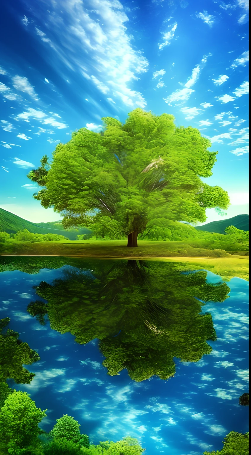 Illustration of a surreal, otherworldly, hyper sky scene including a giant crystal tree full body, highly detailed and magical lighting, intricate forest details, vegetation and surrounding river, solar punk, landscape, giant tree , beautiful green leaves, beautiful lighting and realistic proportions, as if this is a movie background, 8k, highest quality, masterpiece, clouds and stars in the sky.