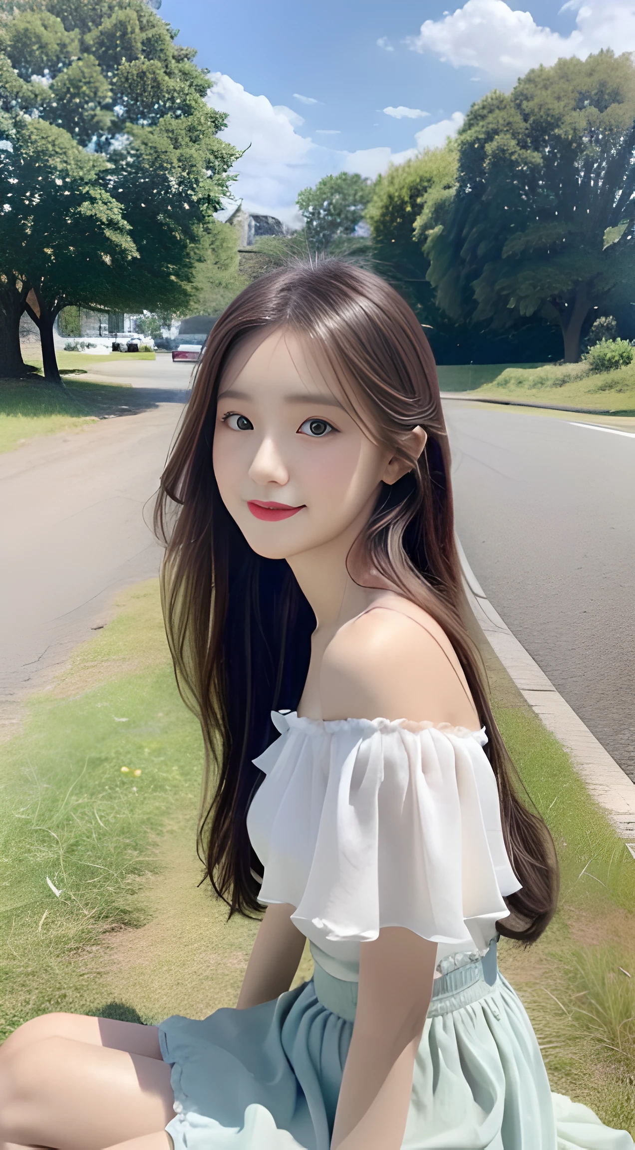 ((best qualtiy, 8K, tmasterpiece:1.3)), A pretty maiden，Pure，Melon seed face，gentle and cute，A sweet smile，Pure desire，Thin stature，(frontage)，(Tilt your head)，staring right into camera，uniform, Obi, formal，Black silky long, Straight hair，Long hair flowing over the shoulders，round black big eyes，Clear big eyes，Hydrated red lips，Sweet，Sit by the road，with blue sky and white clouds，grassy fields，Buildings，（Chiffon skirt，Chiffon tops）telephoto shot
