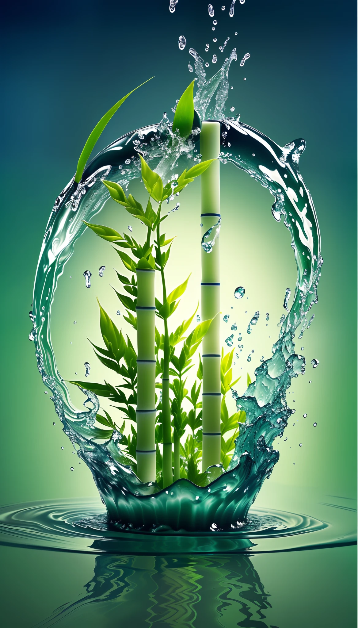 Close-up of plants splashed with water on top, water art manipulation, water art photoshop, amazing water art, photoshop water art, made of bamboo, water manipulation photoshop, bamboos, water treatment, spirited water plants, wallpaper hd, amazing wallpapers, Beautiful wallpaper, high-quality wallpaper, green waters, High quality wallpaper, water powers water swirling