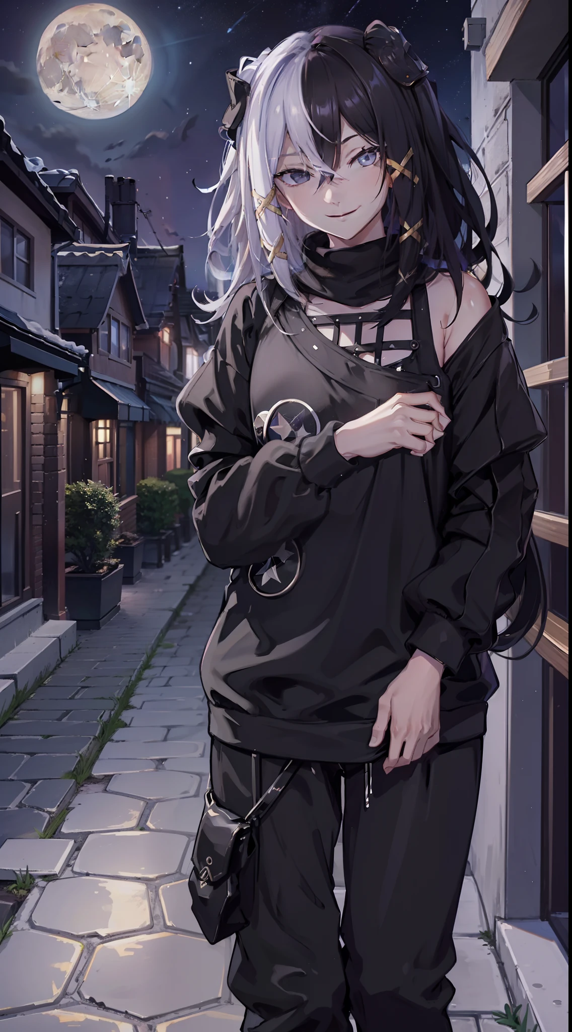 night time, neighbourhood, outside, dark sky, stars, moon, black sweater, black sweatpants, going to convenience store, naughty smile, domineering smile, arrogant expression, cocky attitude, masterpiece, best quality,