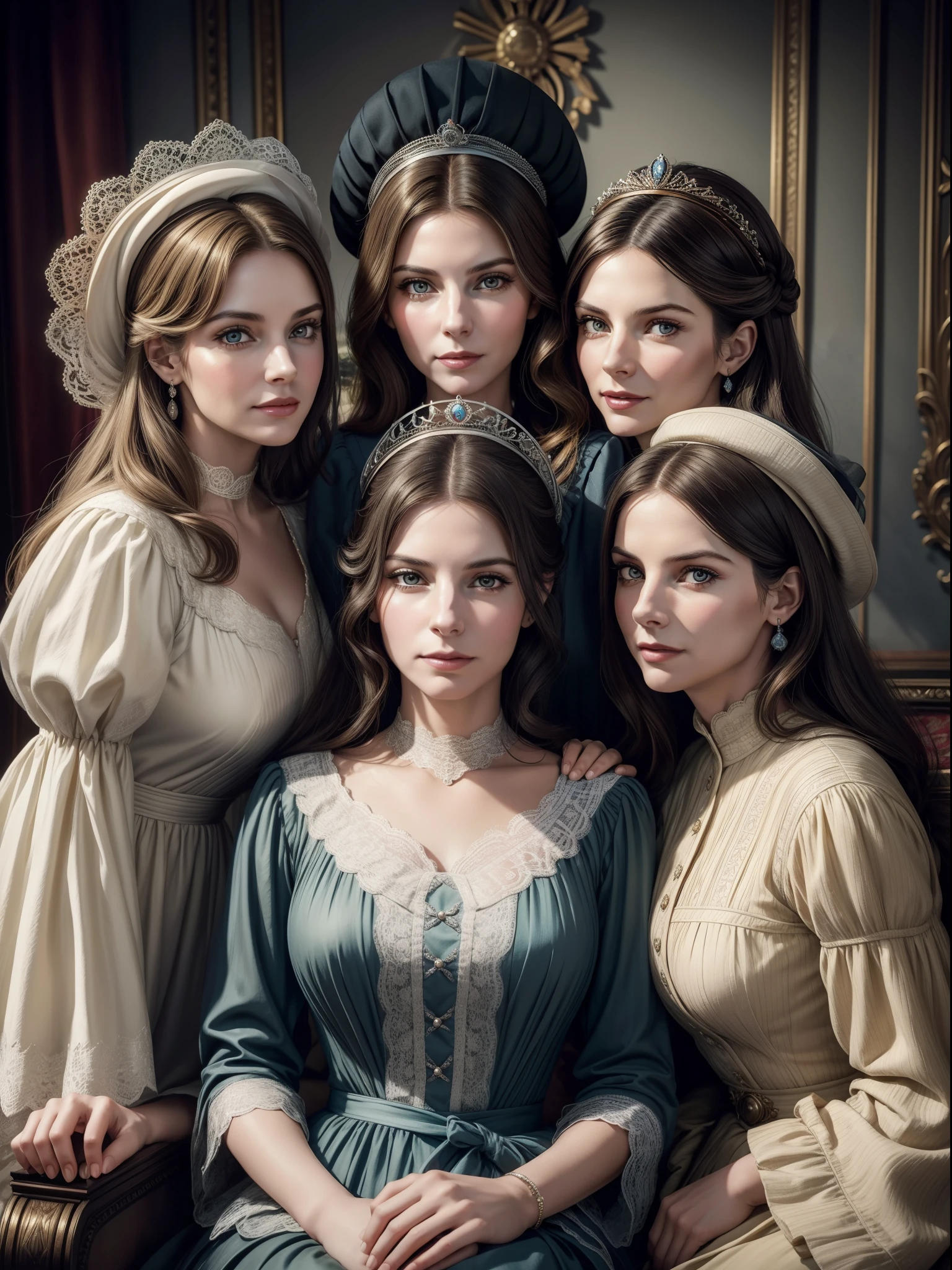 A digital portrait photo of 4 sweet smiling women perceived as 25 years old Elizabeth II and Maude Adams and Sandra Bullock in the late 1800's Batavia City, masterpiece, perfect face, perfect eyes, insanely detailed and intricate, natural light, super detailed, high resolution, vibrant, full color, 4K, 8K high Definition, ultra realistic, hyper maximalist, sharp focus, chic photograph.