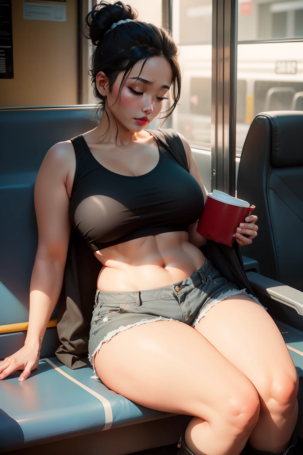 1 beautiful woman, chubby, hair tied up in a bun, Asian, black crop top, neckline, gray shorts, red lips, neckline, boots, asleep on the bus.