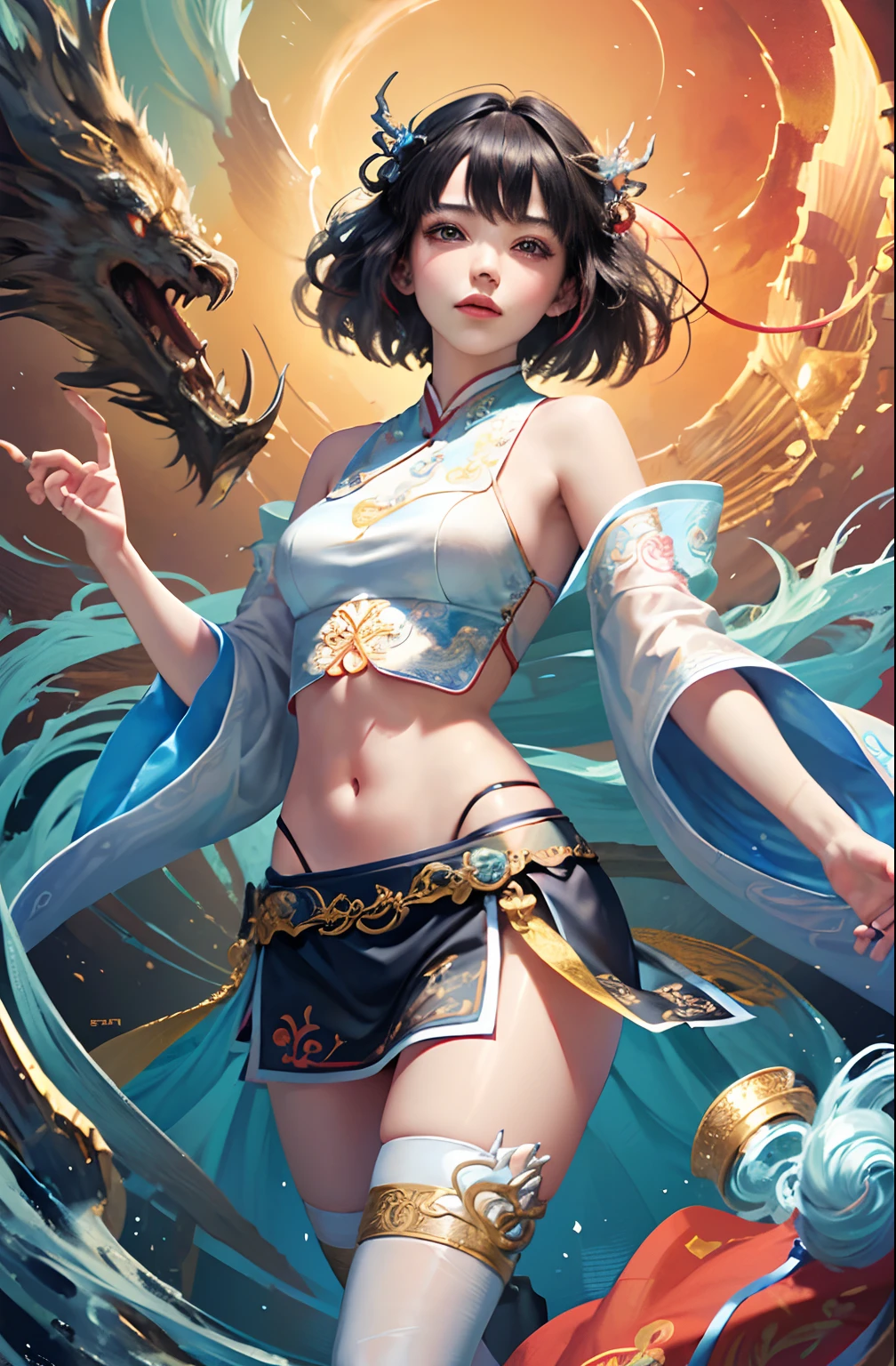Official Art, Unified 8K Wallpapers, Ultra Detailed, Beautiful and Aesthetic, Masterpiece, Best Quality, (Zentangle, Tangle, Entangle), (fractal art: 1.4), (character center: 1.2), 1girl, black hair, Chinese, bare shoulders, short skirt, calf, navel, very detailed, dynamic angle, cowboyshot, (most beautiful form of chaos), ethereal, (bright colors), oc, (half: 1.2), china, (thangka flying sky: 1.5), (ribbon: 1.3), (dream: 1.5), (hanfu: 1.5), Chinese dragon, (smile: 0.5), (Chinese deity),