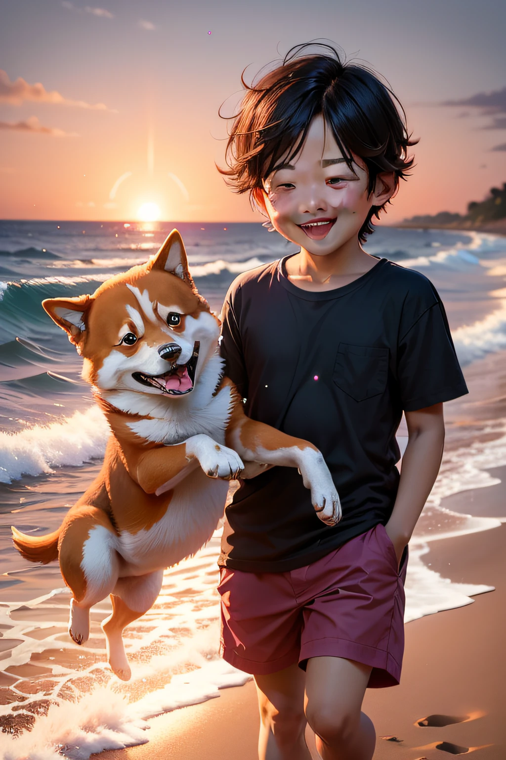 tmasterpiece，Best quality at best，As an avatar，（Best quality at best），（The best illustrations），（The best shadow），A cheerful little boy laughing happily by the beach，The boy leads a happy Shiba Inu，early evening，The sky was covered with purple-red clouds，The sea lapping against the sand，The fiery red sun hangs in the west。（nature elements），（particle effect）and other 3D， Octane rendering，Ray traching，Super meticulous --v6