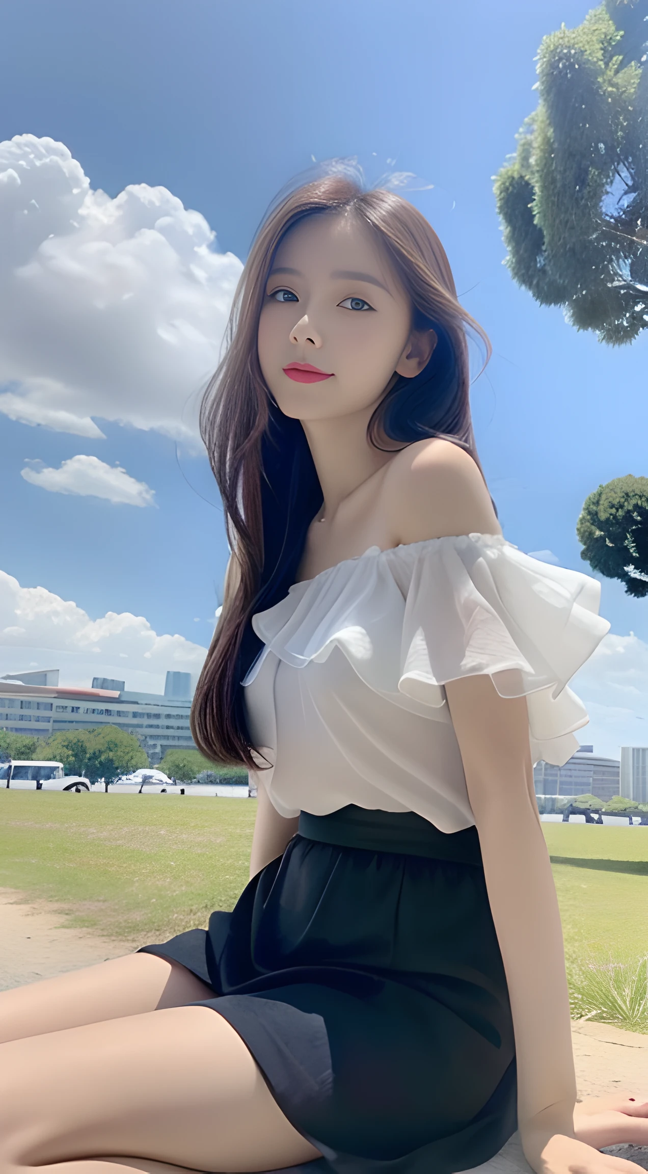 ((best qualtiy, 8K, tmasterpiece:1.3)), A pretty maiden,Pure,Melon seed face,gentle and cute,A sweet smile,Pure desire,Thin stature,(frontage),(Tilt your head),staring right into camera,uniform, Obi, formal,Black silky long, Straight hair,Long hair flowing over the shoulders,round black big eyes,Clear big eyes,Hydrated red lips,Sweet,Sit by the road,with blue sky and white clouds,grassy fields,Buildings,(Chiffon skirt,Chiffon tops)telephoto shot