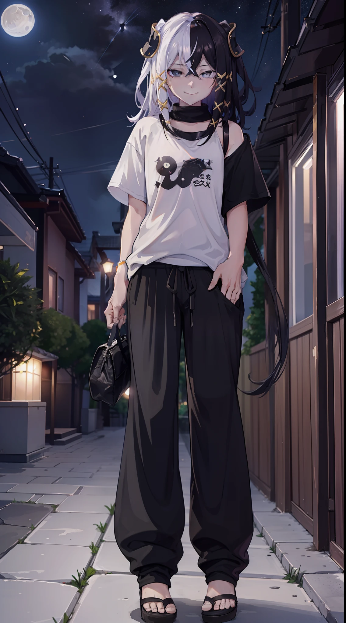 night time, neighbourhood, outside, dark sky, stars, moon, big white t-shirt, black sweatpants, going to convenience store, naughty smile, domineering smile, arrogant expression, cocky attitude, masterpiece, best quality,