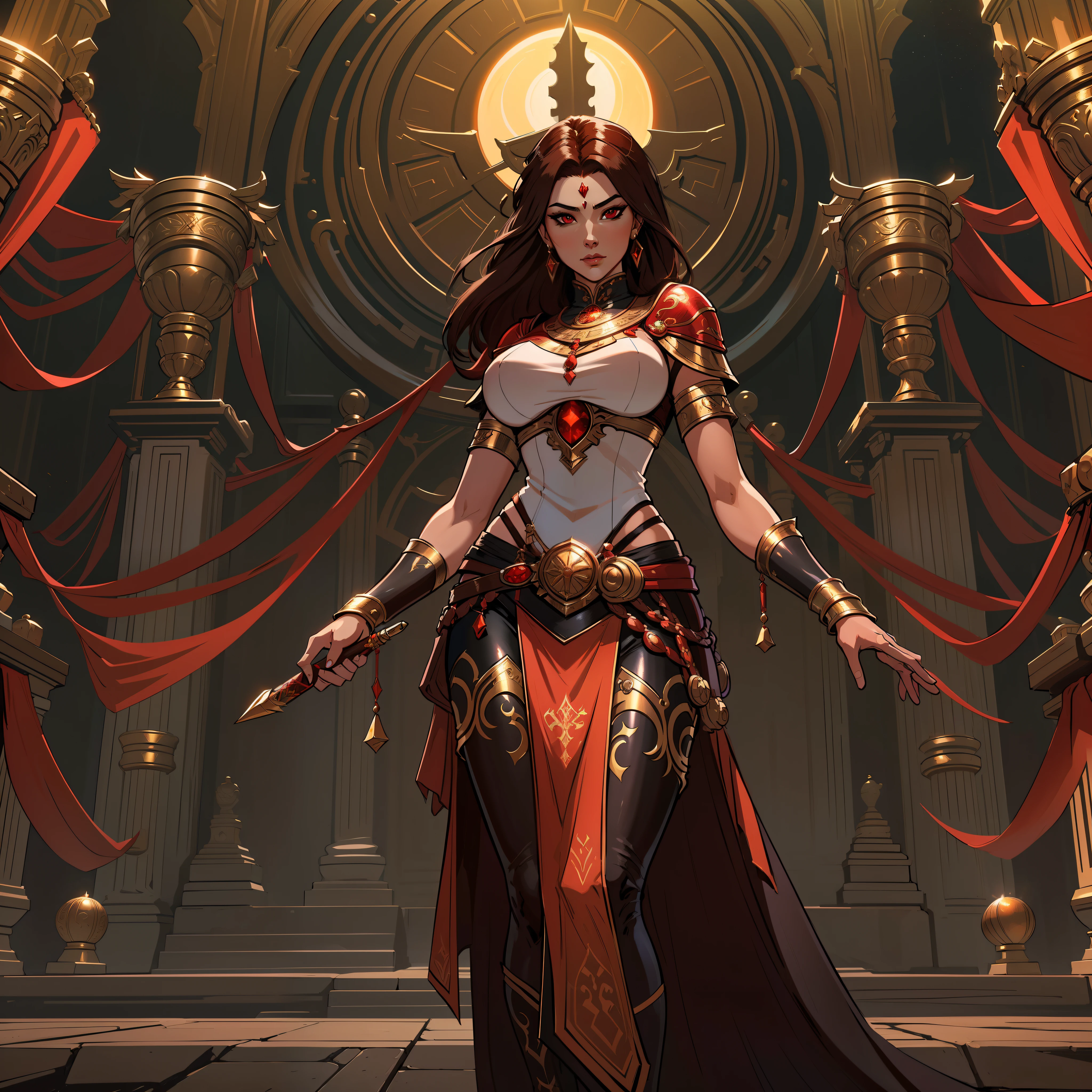a close up of a strong amazon woman in her 30's, with red eyes and brown hair, wearing a black and red belly dancer attire, a heroine with red eyes, female mage with sun power, middle-eastern princess, standing in a middle-eastern temple, new costume concept design, in the style of blade and soul, full body character concept, detailed character design, lunar themed attire, costume with orange accents, colored concept art, highly detailed character design, highly detailed face, very highly detailed face, unreal engine render, final fantasy 14 style