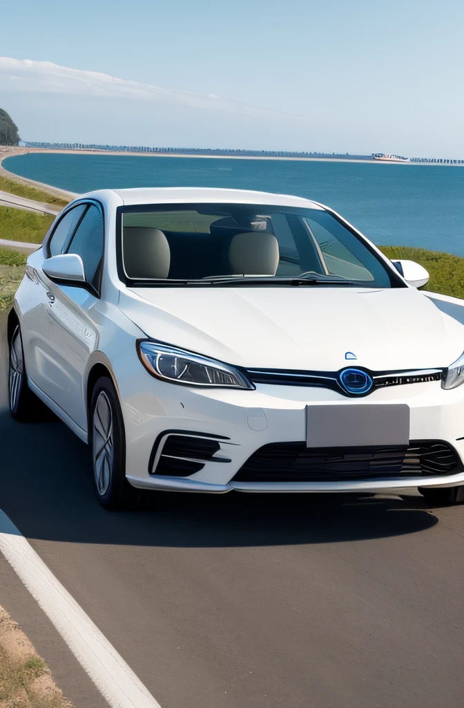 Use seaart to express the image of a white car seen from the front of the car。Although clear and detailed images are preferable、No background depiction required。Please create an image that highlights the design and characteristics of the car body.。