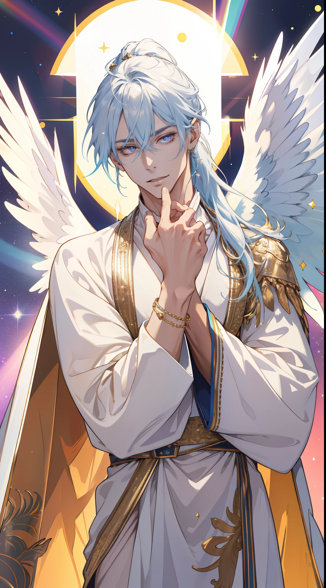 (absurdres, highres, ultra detailed, HDR), 1 male, MALE ONLY, adult, handsome, tall muscular guy, broad shoulders, finely detailed eyes and detailed face, pastel color long hair, high ponytail, fantasy, complex pattern, detailed face, big angel wings, lens flare, colorful, glow white particles, white robe, gold bracelets and accessories, prism, glowing, glitter, particles, bloom, likes to celebrate and have fun, enjoys nature, bright and optimistic outlook, creative and adventurous spirit, represents happiness and harmony