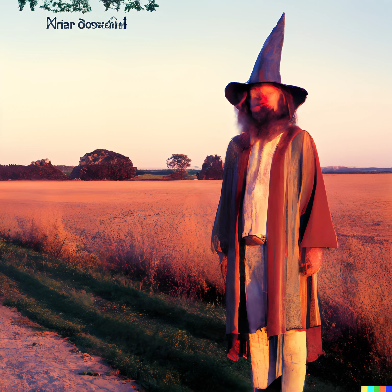 there is a person dressed in a wizard costume standing on a dirt road, dressed as a wizard, album cover, young wizard, album art cover, alternate album cover, sad wizard
