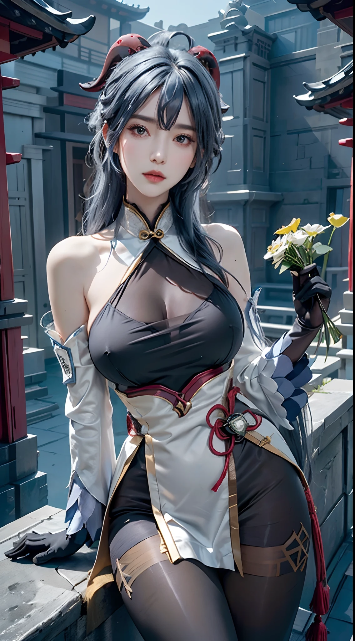 photorealistic, high resolution, 1women, solo, hips up, look at viewer, (detailed face), ahoge, architecture, bangs, bare shoulders, bell, black gloves, black pantyhose, (blue hair), blush, breasts, chinese knot, detached sleeves, east asian architecture, flower knot, gloves, horns, long hair, ganyu \(genshin impact\)