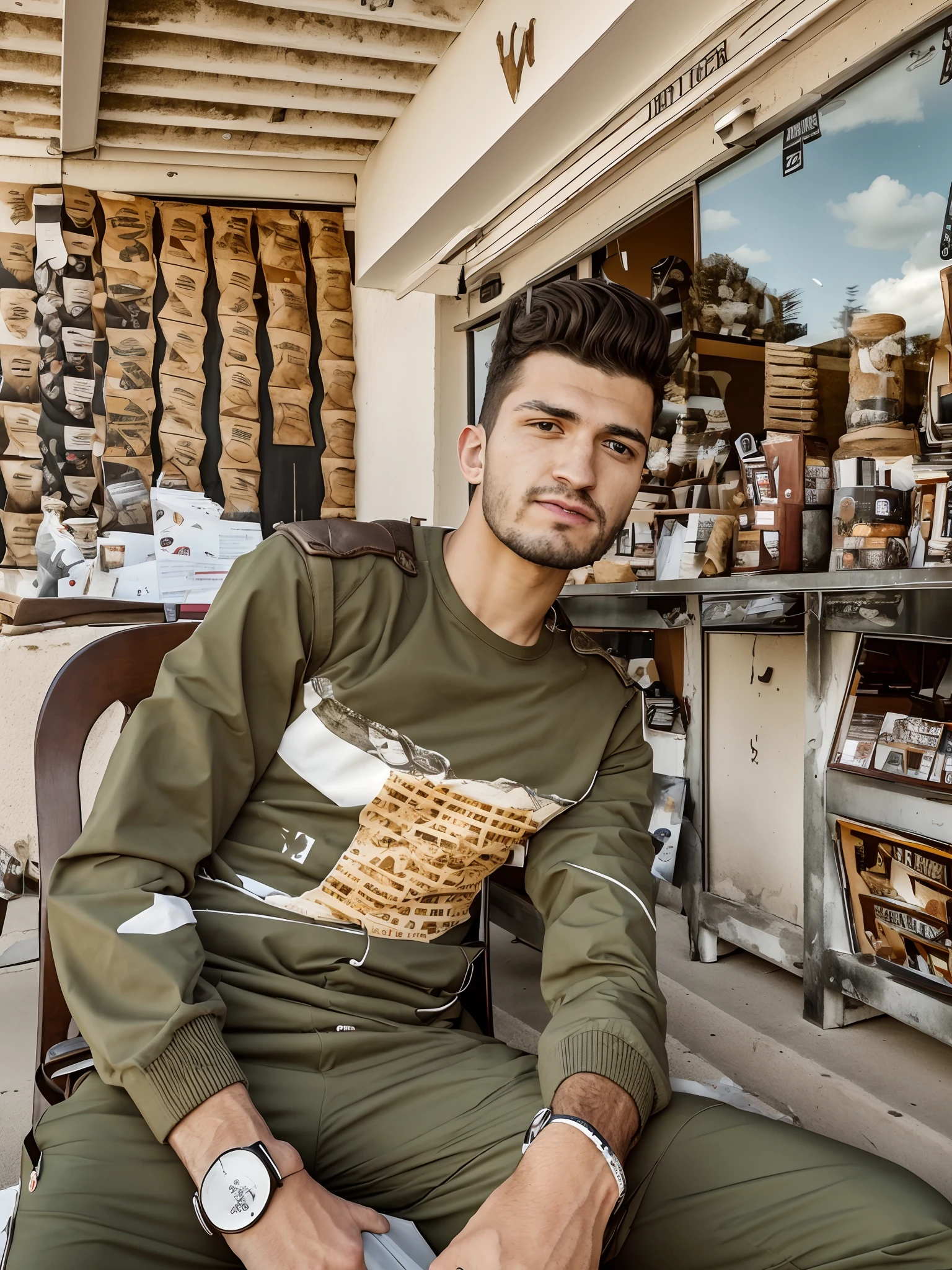 there is a man sitting in a chair in front of a store, shot on nikon z9, very very low quality picture, with accurate face, taken with sony alpha 9, selling his wares, shot on canon eos r 5, shot on canon eos r5, shot on sony a 7, with lovely look, candid picture, a photo of a man