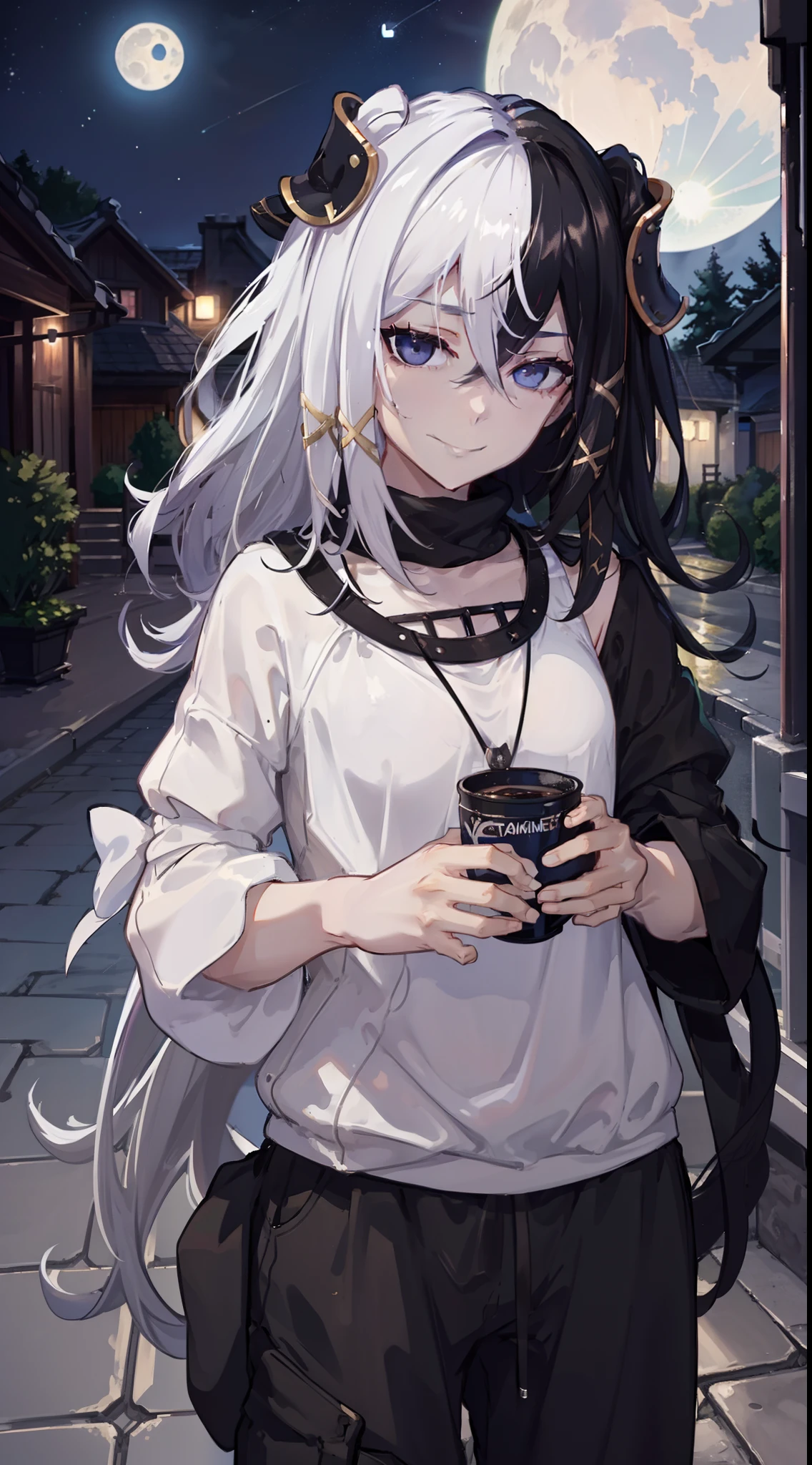 night time, neighbourhood, outside, dark sky, stars, moon, big white t-shirt, black sweatpants, going to convenience store, naughty smile, domineering smile, arrogant expression, cocky attitude, masterpiece, best quality,