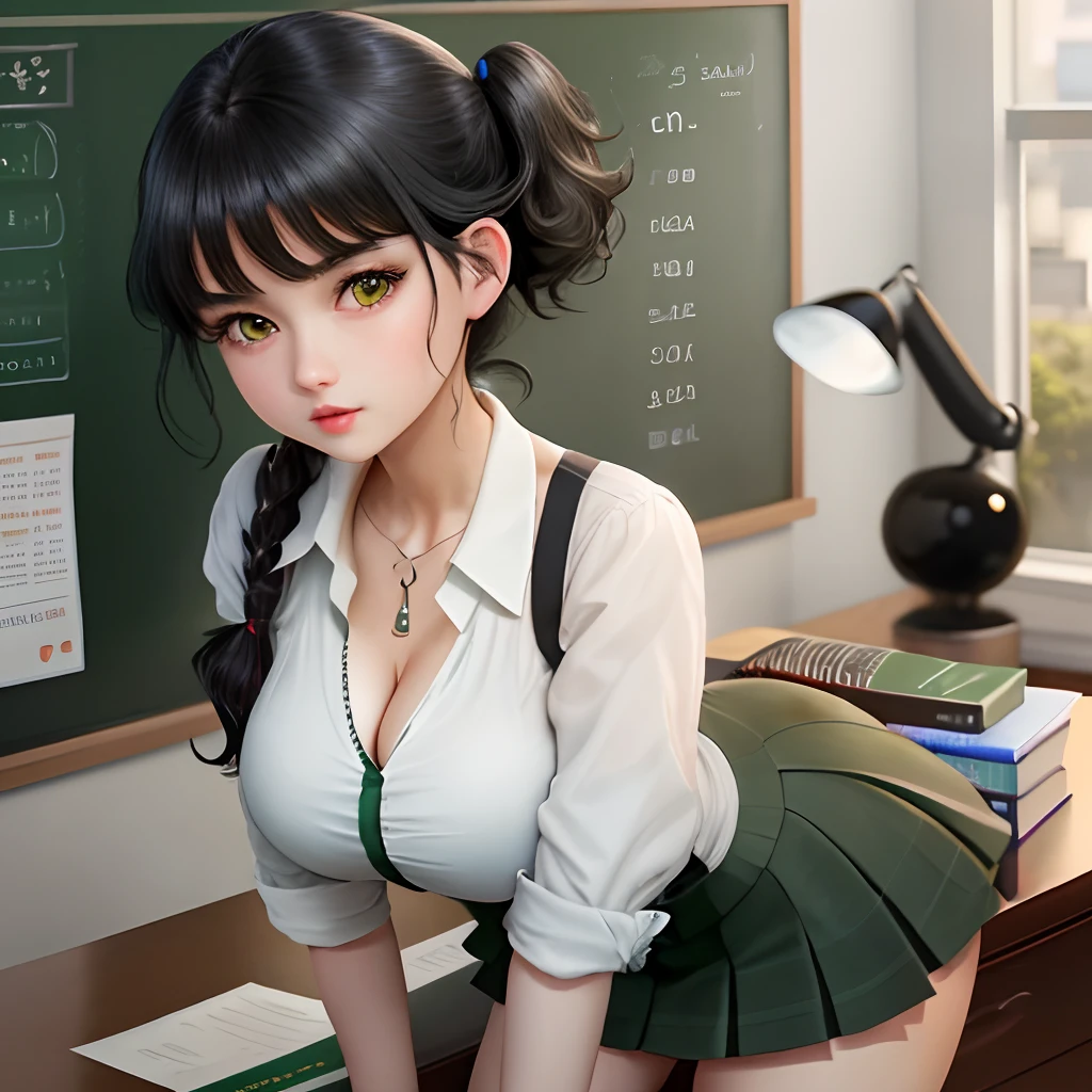  girl, black  hair, green colored eyes, short skirt, big breastes, neat spout, open neckline, seductive position, taut clothes