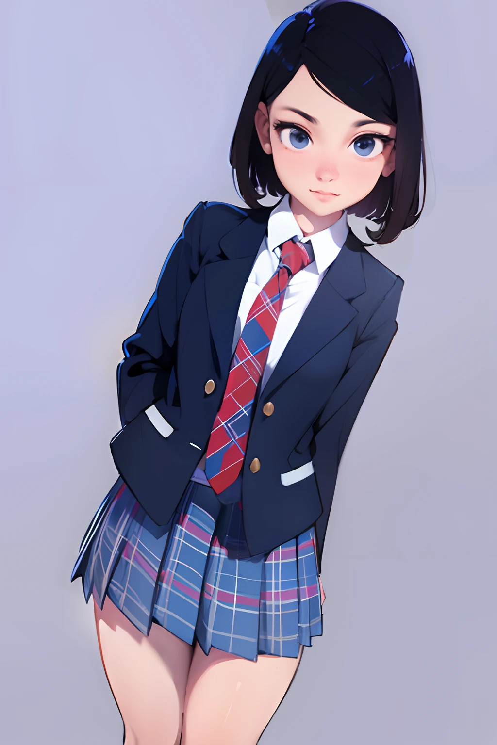 a girl dressed in a business dress and tie, white blouse collar lined in blue, tie red and black, 1girl, solo, skirt, necktie, school uniform, plaid skirt, plaid, shirt