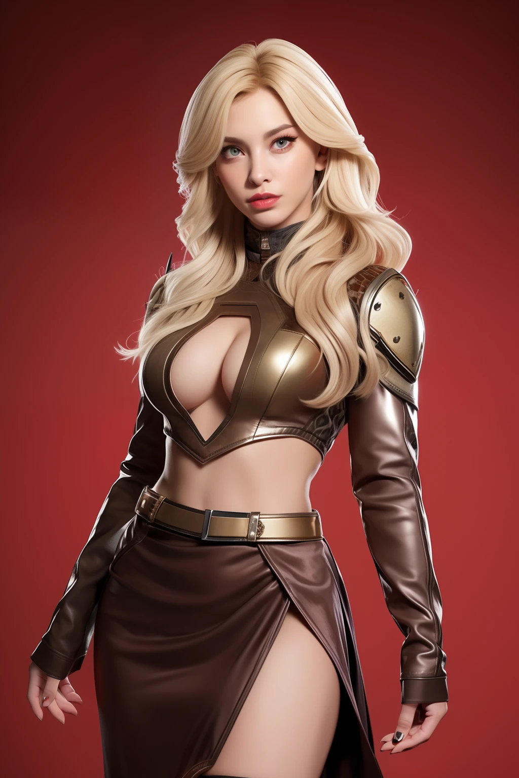 Beautiful Face Woman、a blond、Leopard print background、 Beautuful Women、18year old、prety woman、hyper realistic photography、High-definition photos、Red Lipstick、Mandalorian Style Metal Armor Skirt Suit、big eye、The skin is not very exposed、Do not cut your head off the screen、skirt by the、Leopard handle