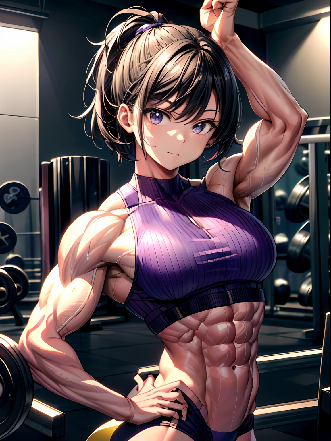 (BEST lighting) , (ultra intricately detailed) , 4K unification, (super-detailed CG: 1.2) , (8K: 1.2),(Original), (Masterpiece) , (Best quality),(Masterpiece:1.4),Anime-ish high quality,(Masterpiece),Masterpiece, Best quality, absurderes,((masterpeace, 4K, 8K, Yes, A high resolution))1girll, she is walking,Head to the gym,Crop topping, Spring, Boots, Perfect figure, Short purple asymmetrical hair, Sweat, Dynamic pose, ((body builder:1.5)),The strongest in the world,gym background,(Beautiful bace),(Girl),(Female),(((Upper body:1)))