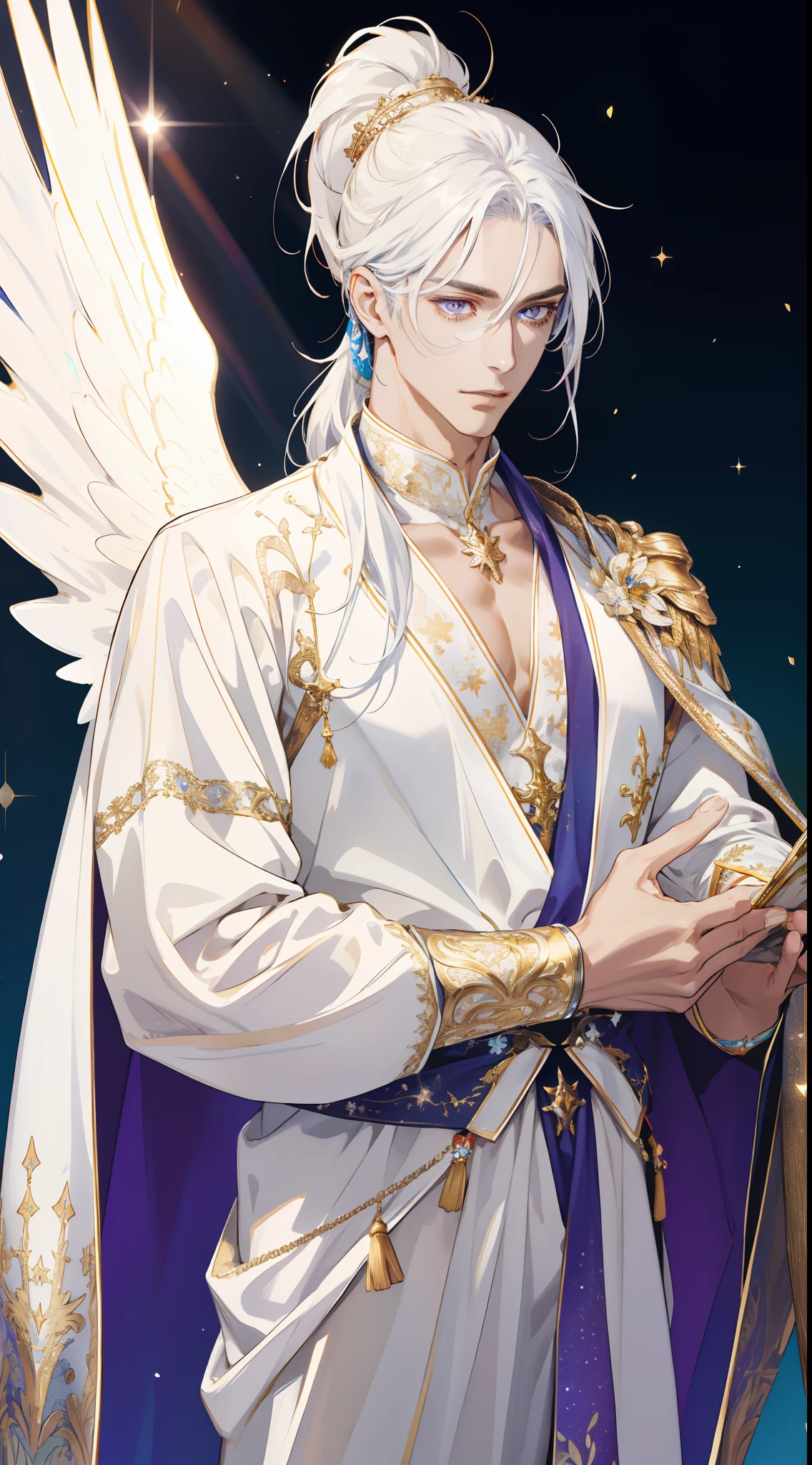 (absurdres, highres, ultra detailed, HDR), 1 male, MALE ONLY, adult, handsome, tall muscular guy, broad shoulders, finely detailed eyes and detailed face, pastel color long hair, high ponytail, fantasy, complex pattern, detailed face, big angel wings, lens flare, colorful, glow white particles, white robe, gold bracelets and accessories, prism, glowing, glitter, particles, bloom, likes to celebrate and have fun, enjoys nature, bright and optimistic outlook, creative and adventurous spirit, represents happiness and harmony