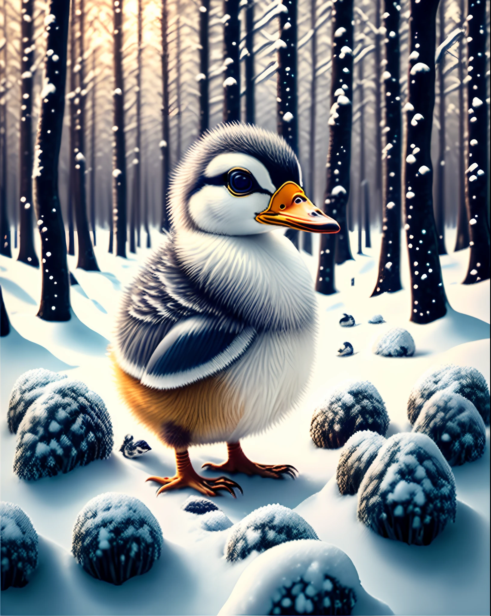There is a gray duckling, in the forest, in the middle of the snow, it was winter