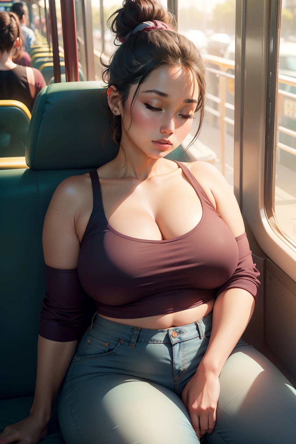 1 beautiful woman, chubby, hair tied up in a bun, Asian, green crop top, neckline, light blue jean, maroon lips, neckline, boots, asleep on the bus.