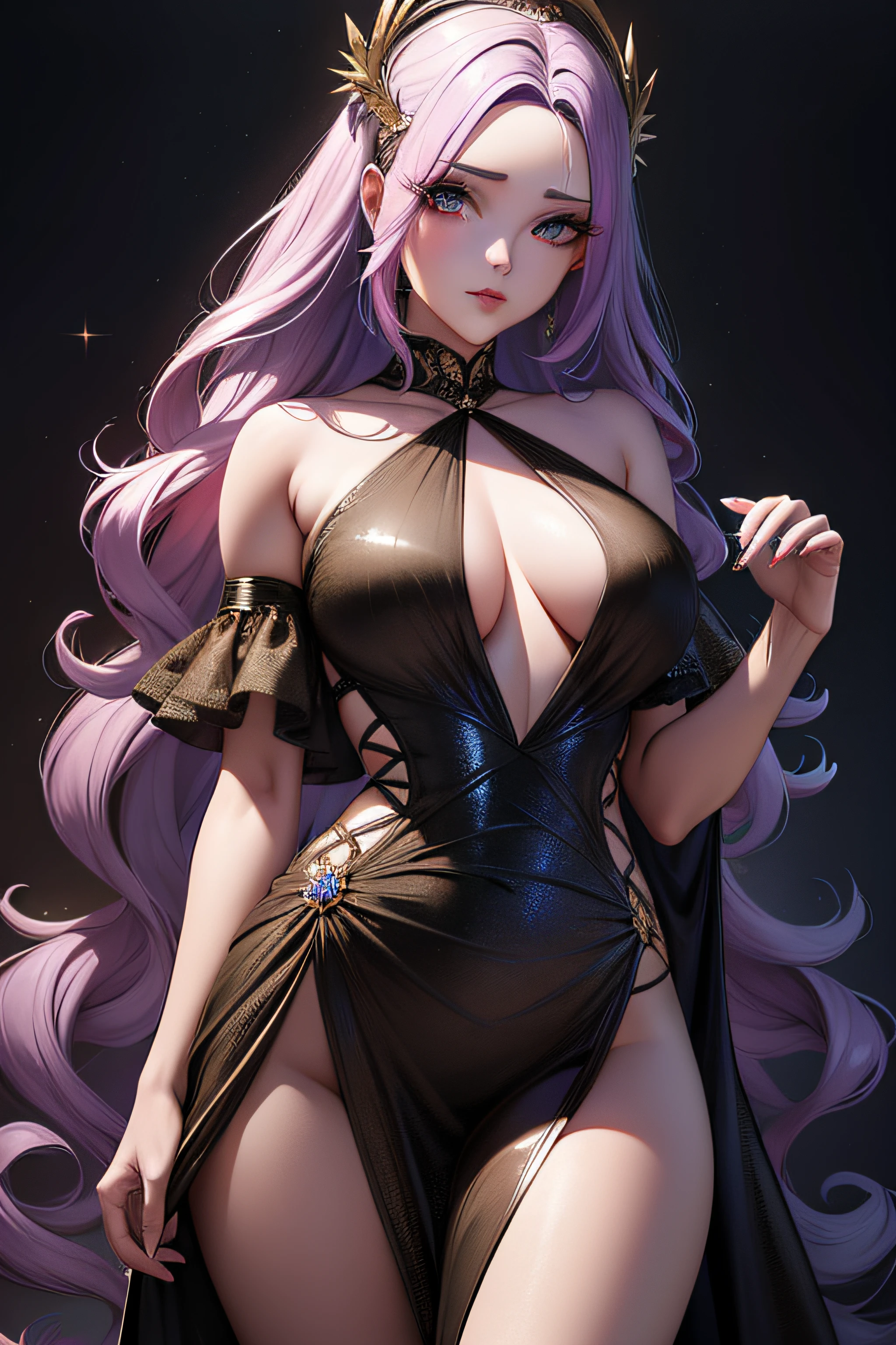 master part, melhor qualidade, cabelo longo, rainbow hair, large eyelashes, olhos ultra detalhados, mulher adulta, seios grandes, elfo, quadril largo, olhos detalhados, detailed hands, mistico, dark ilumination, misterioso, foice grande, vestido longo de seda com glitter, vestido mistico