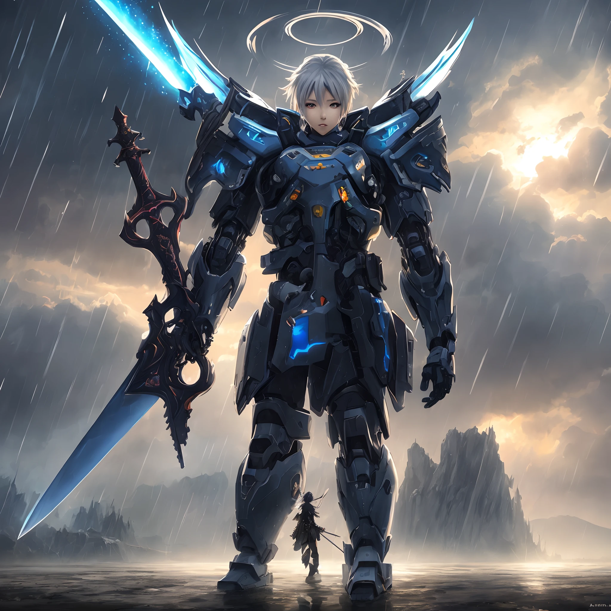 anime character with sword and halo in the rain, concept art by Arthur Pan, pixiv contest winner, fantasy art, best anime 4k konachan wallpaper, badass anime 8 k, detailed key anime art, 4k anime wallpaper, from arknights, anime epic artwork, anime mecha aesthetic, 8k high quality detailed art, high detailed official artwork