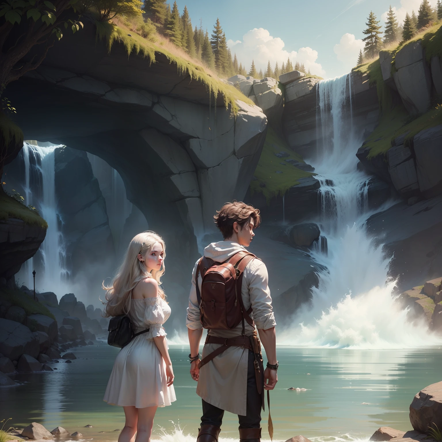 Friday Couple - Finn and Freya: Bring to life a magical image of a brave boy (Finn) and a mystical girl (Freya) standing by a shimmering waterfall in a fantasy realm.
