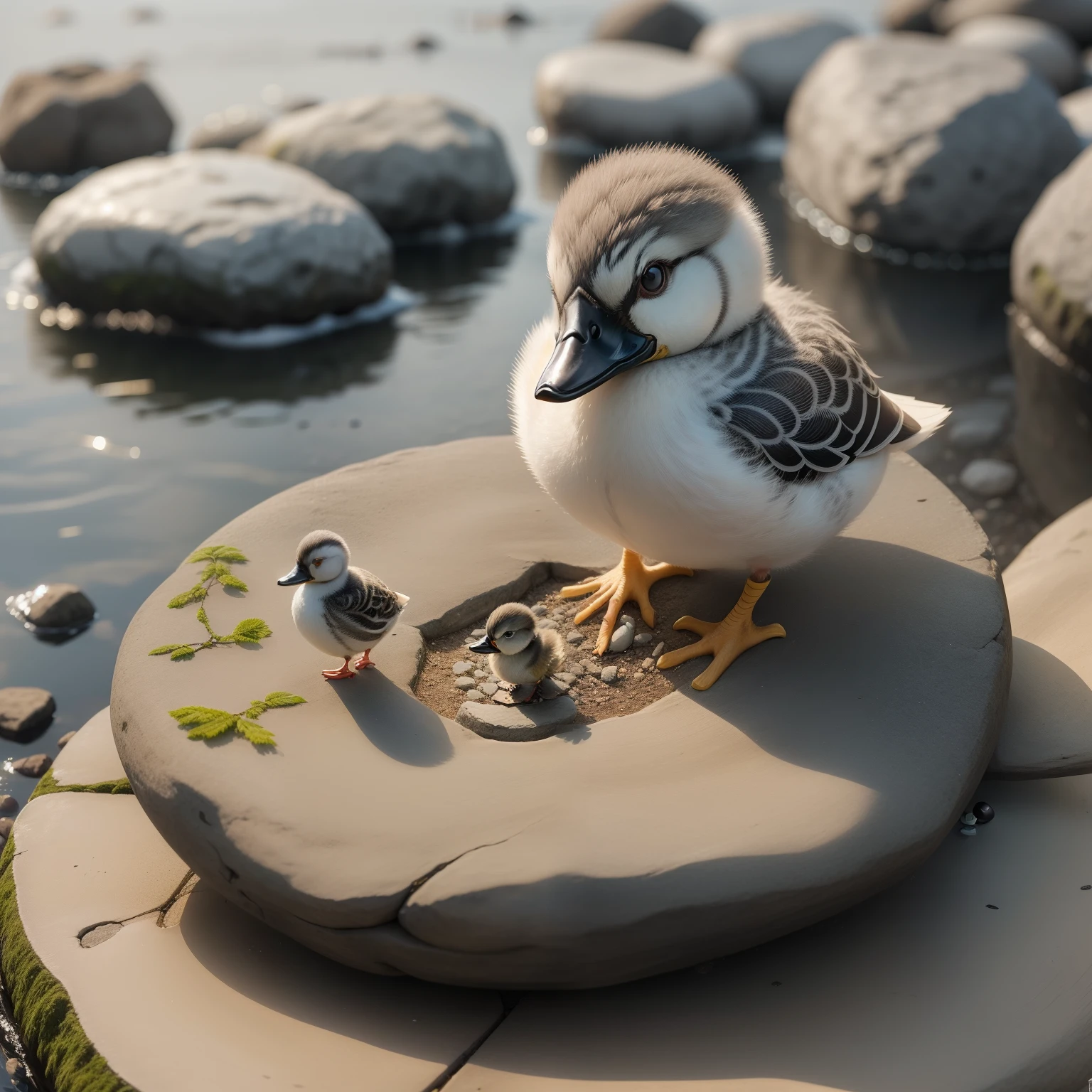 There is a gray duckling, shrunk from the cold, on a tree foot in the middle of the stones, estacak winter