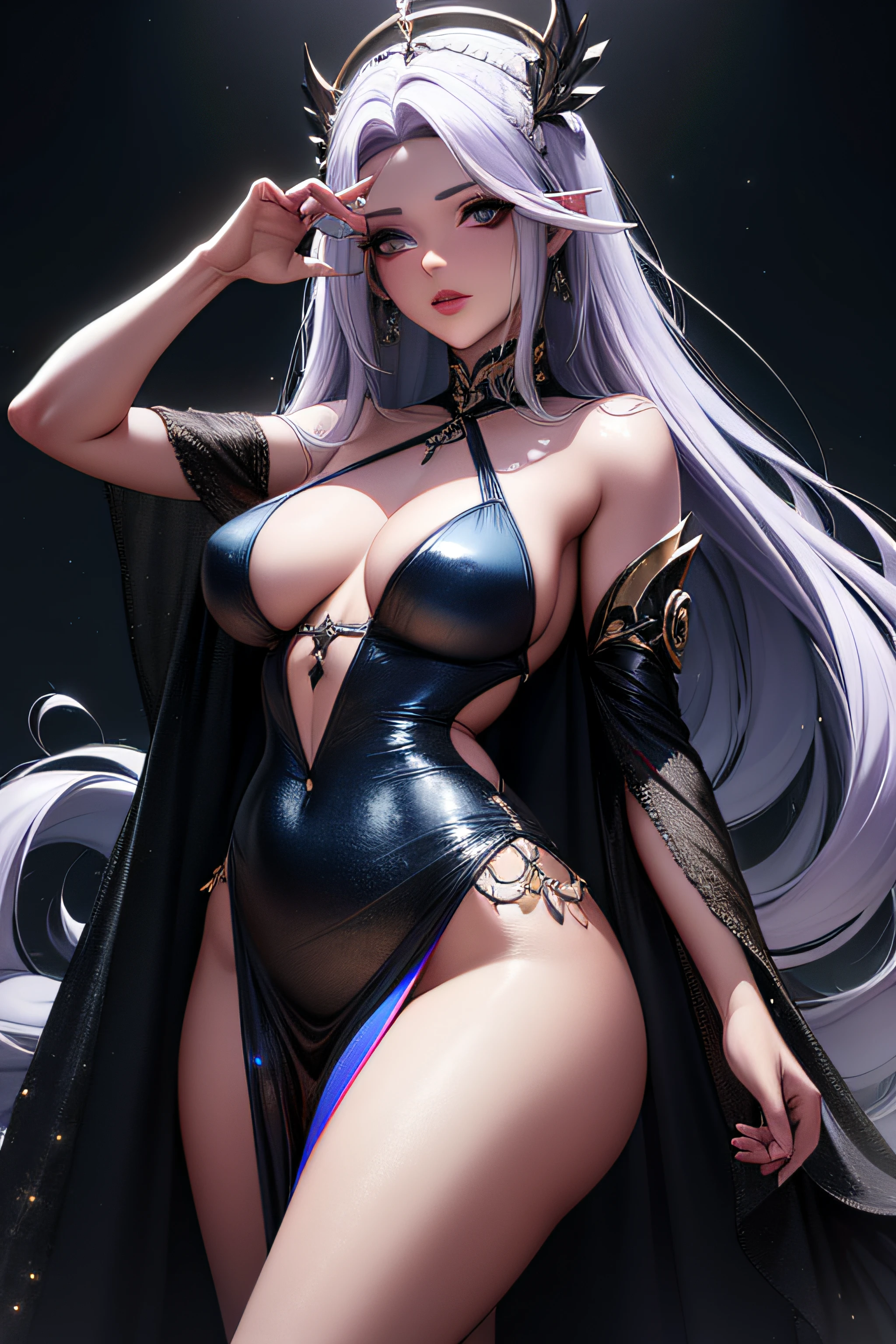 master part, melhor qualidade, cabelo longo, rainbow hair, large eyelashes, olhos ultra detalhados, mulher adulta, seios grandes, elfo, quadril largo, olhos detalhados, detailed hands, mistico, dark ilumination, misterioso, foice grande, vestido longo de seda com glitter, vestido mistico