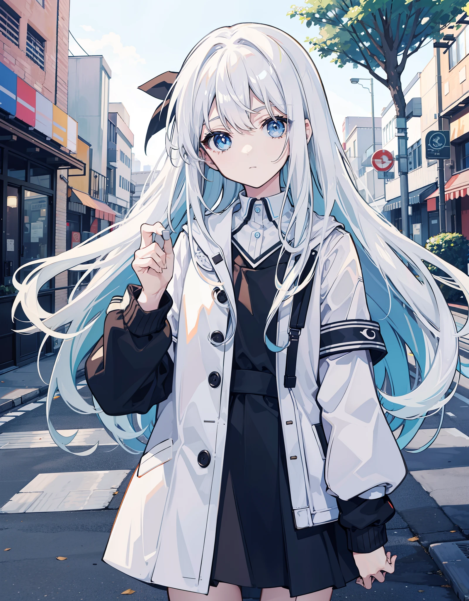 whaite hair，long whitr hair，White girls' uniform，Black socks，Light blue eyes，the street，byself