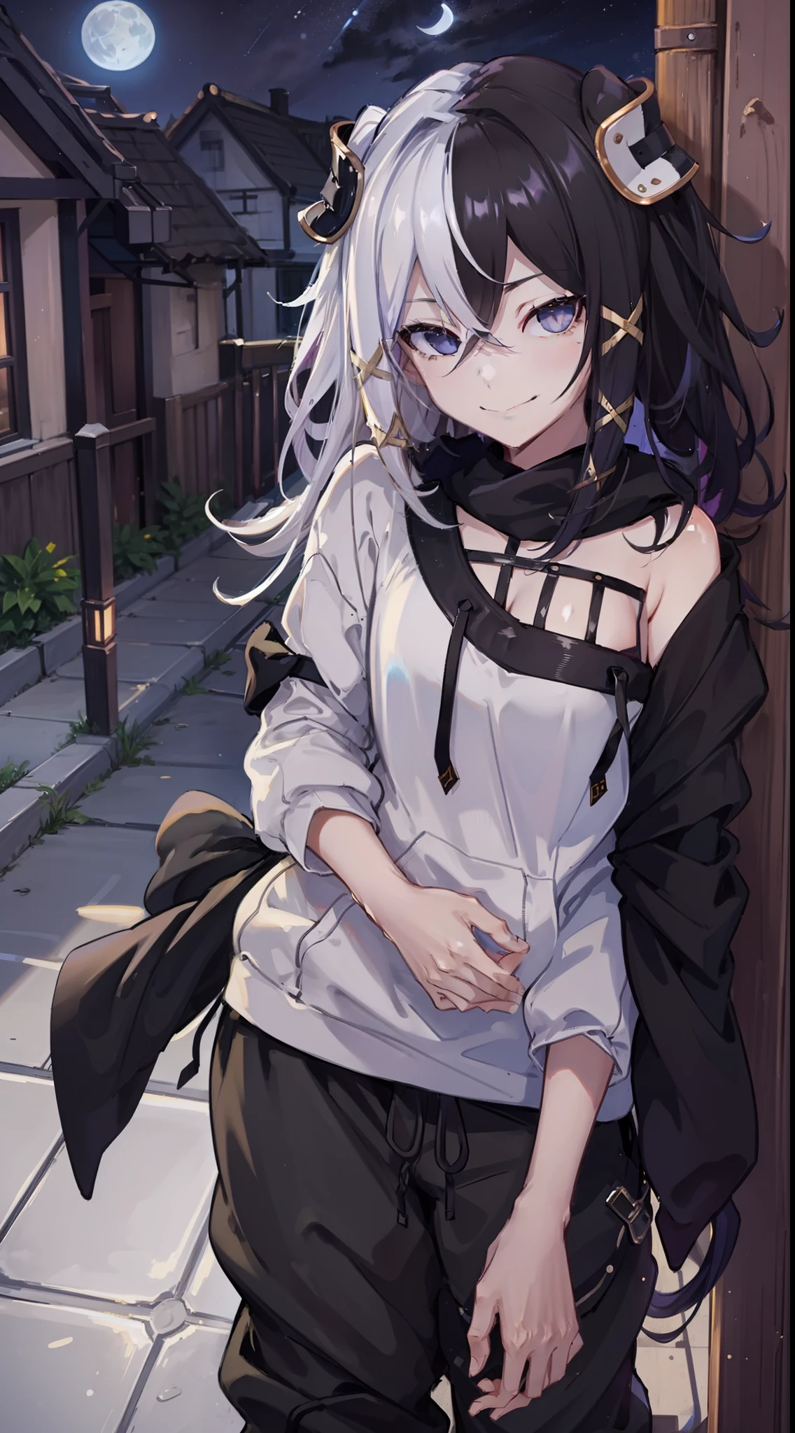 night time, neighbourhood, outside, dark sky, stars, moon, whiet hoodie, black sweatpants, going to convenience store, naughty smile, domineering smile, arrogant expression, cocky attitude, masterpiece, best quality,
