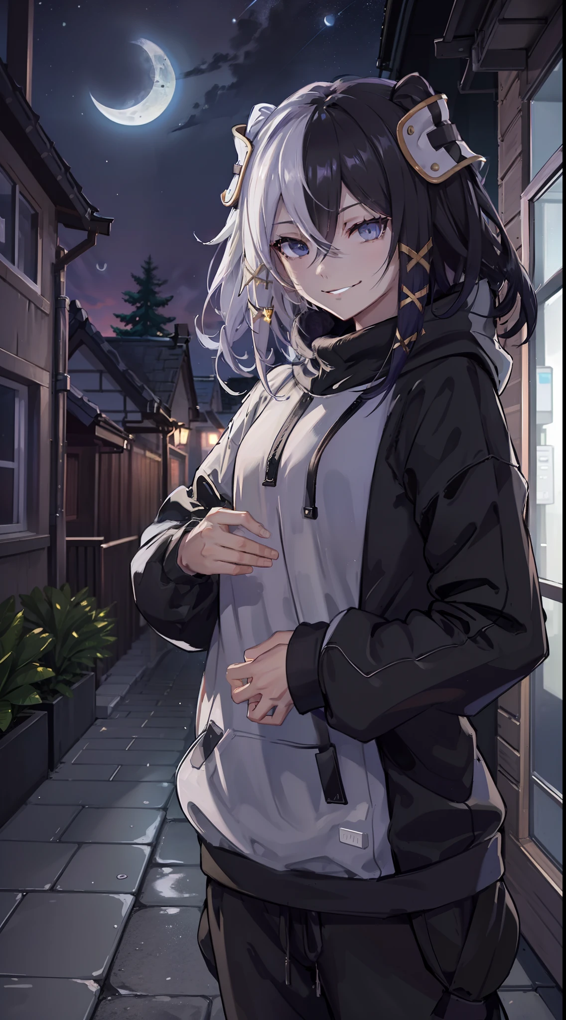 night time, neighbourhood, outside, dark sky, stars, moon, whiet hoodie, black sweatpants, going to convenience store, naughty smile, domineering smile, arrogant expression, cocky attitude, masterpiece, best quality,