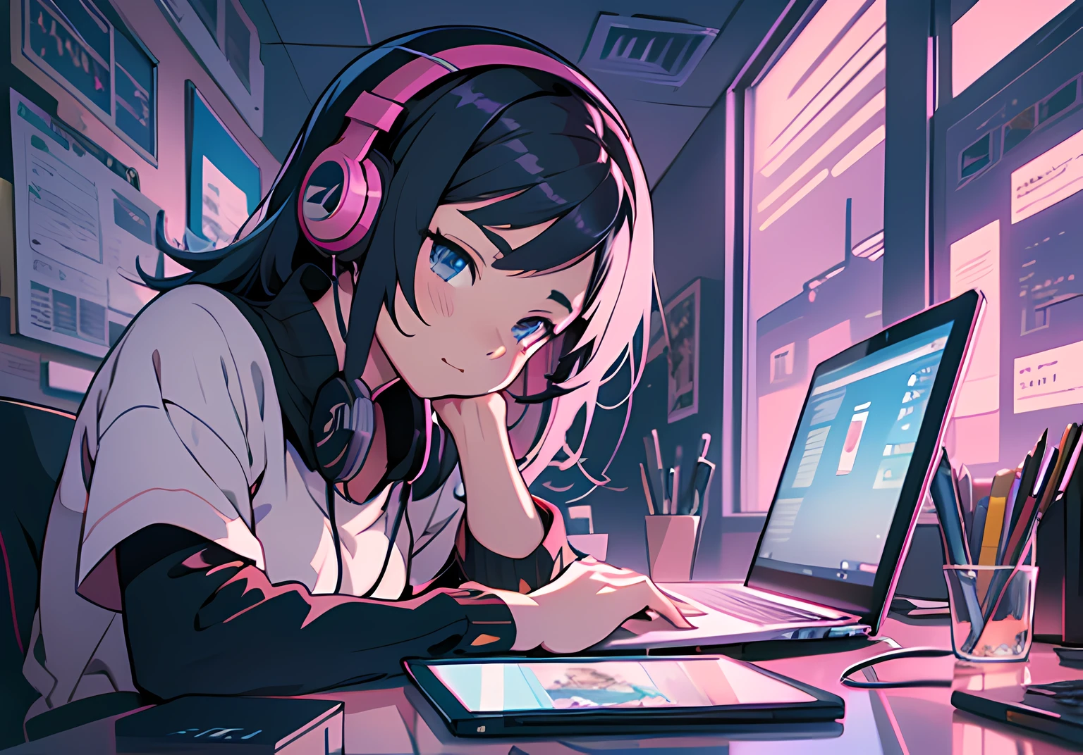 anime girl with headphones working on a laptop in a dark room, lofi portrait, lofi girl, anime style 4 k, anime vibes, digital anime illustration, nightcore, lofi artstyle, anime moe artstyle, 4k anime wallpaper, anime art wallpaper 8 k, high quality anime artstyle, anime art wallpaper 4k, anime art wallpaper 4k