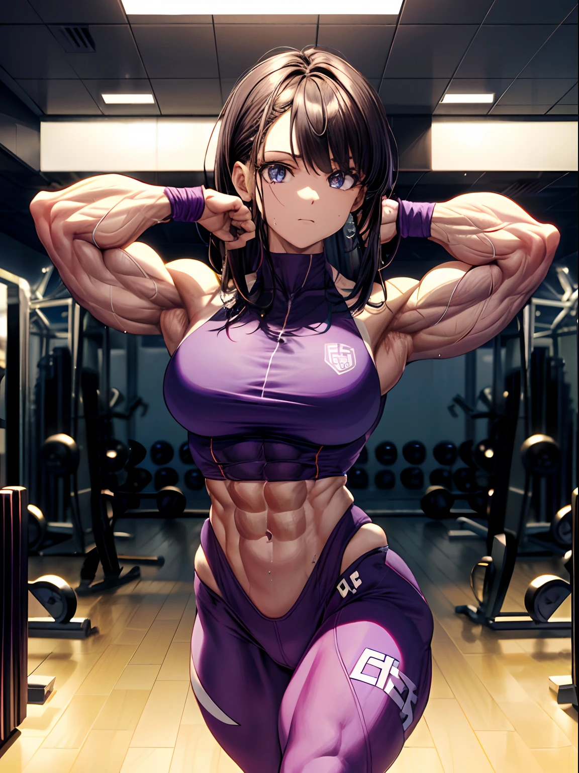 (BEST lighting) , (ultra intricately detailed) , 4K unification, (super-detailed CG: 1.2) , (8K: 1.2),(Original), (Masterpiece) , (Best quality),(Masterpiece:1.4),Anime-ish high quality,(Masterpiece),Masterpiece, Best quality, absurderes,((masterpeace, 4K, 8K, Yes, A high resolution))1girll, she is walking,Head to the gym,Crop topping, The blood vessels bulge on the arm like a snake,Spring, Boots, Perfect figure, Short purple asymmetrical hair, Sweat, Dynamic pose, ((body builder:1.5)),The strongest in the world,gym background,(Beautiful bace),(Girl),(Female),(((Upper body:1)))