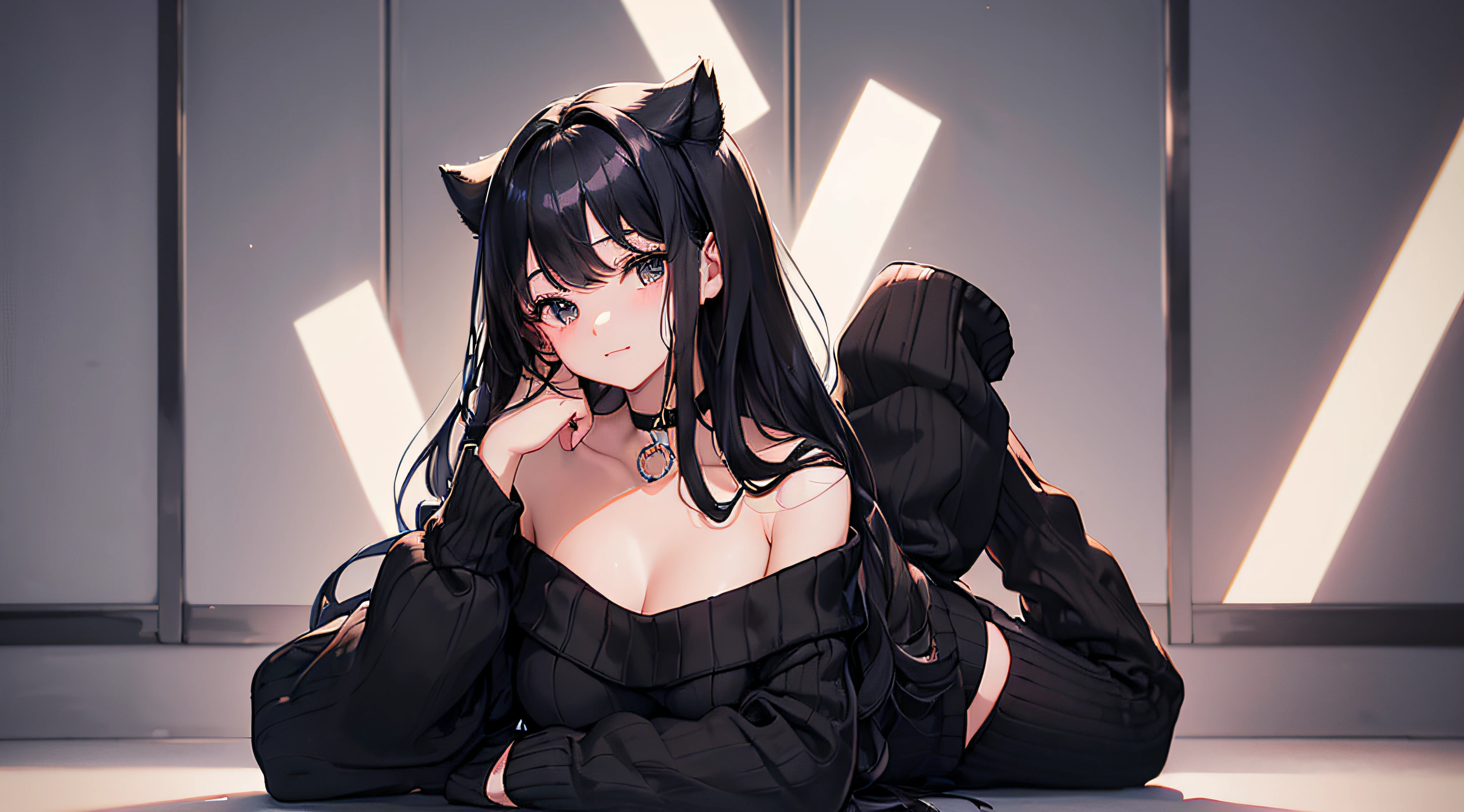 （((Cute off-the-shoulder sweater))) 、(((a girl solo)))、 Long black hair with slightly wavy hair、Black eyes、Superlative quality、((Top-notch image quality))、Neat and clean girls、beautiful a girl、Erotic look、Dainty girl、(((Poses)))、lightsmile、(((fullllbody)))、Black Choker、Looking at Viewer、Bare legged、Poses