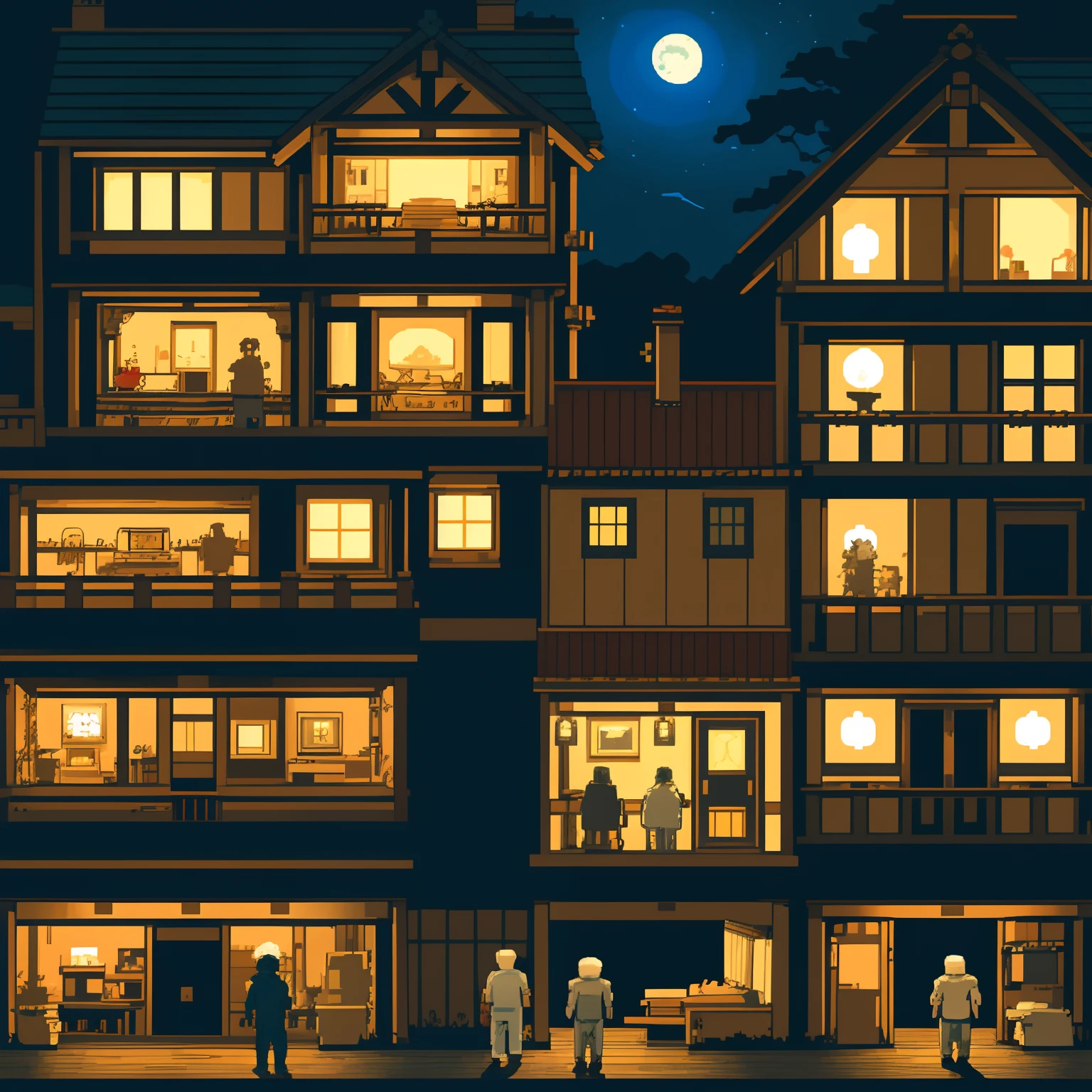 top quality, best quality, High-quality illustrations, masterpiece, super high resolution, highres, absurdres(highly detailed beautiful face and eyes)perfect anatomy, detailed background, User Interface of game, side view game, night, japanese house, deteriorated furniture, windows, moonlight, 6+boys, 6+girls, expression, good lighting, cinematic shadow(kemono, furry anthro)assorted poses,