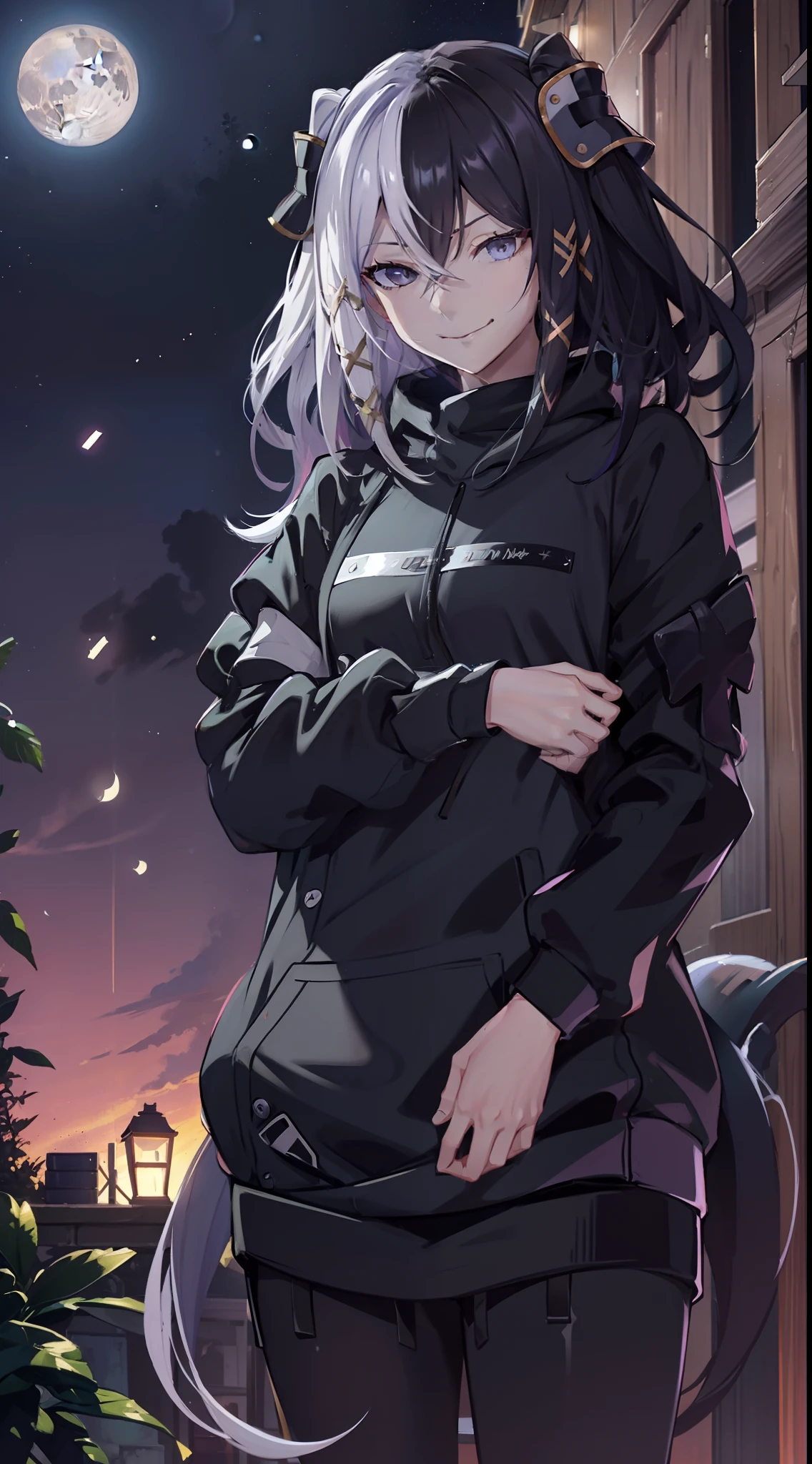 night time, neighbourhood, outside, dark sky, stars, moon, whiet hoodie, black sweatpants, going to convenience store, naughty smile, domineering smile, arrogant expression, cocky attitude, masterpiece, best quality,