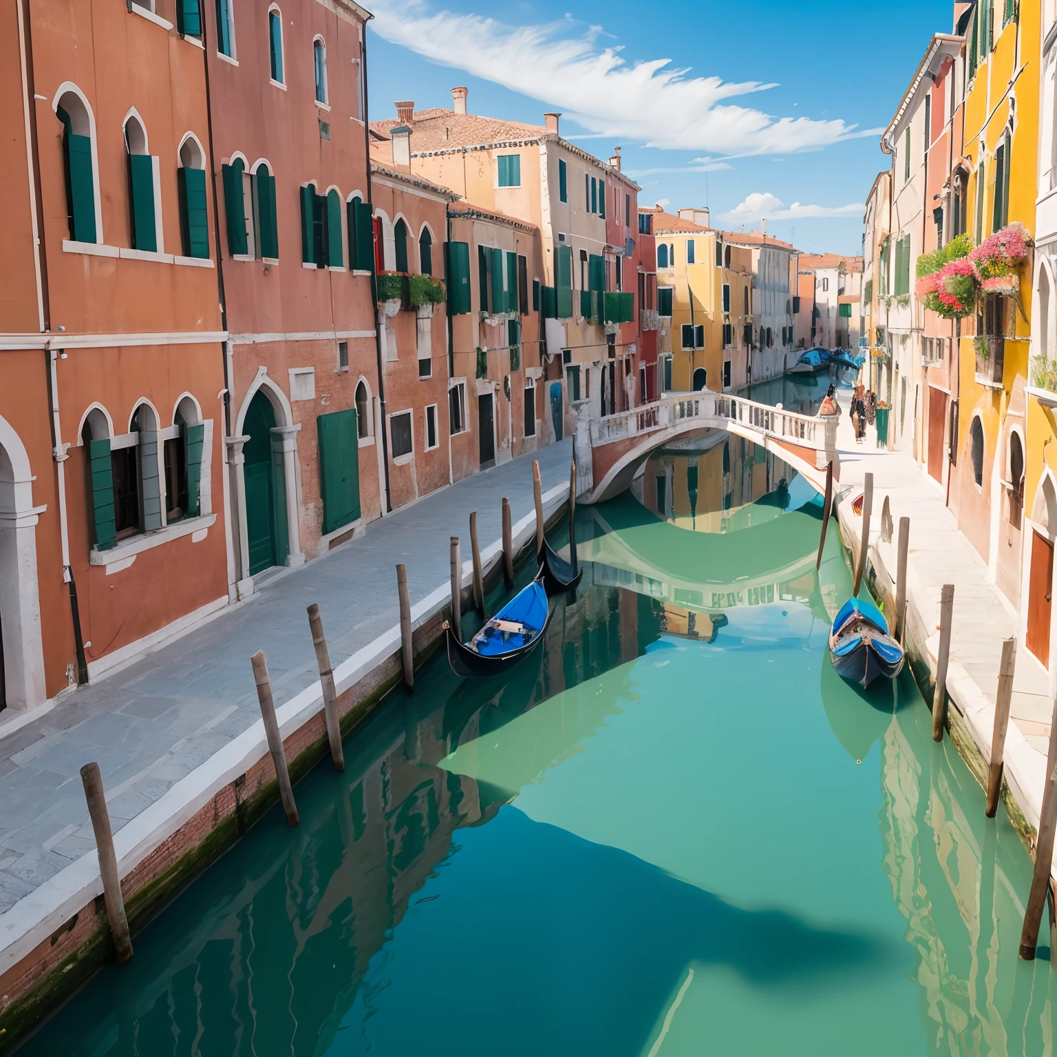 (Best Quality), (Raw photo) , Please paint a scene along the Venetian canals. Colorful buildings line the waterside, and their beautiful reflections shimmer on the water. In the distance, a historic bridge is visible, and a gondola slowly passes beneath it.