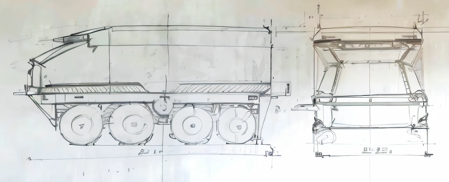 Sketch of a tank and chair on a table, detailed technical drawing, technical sketch, detailed mechanical design, conceptual drawing, technical drawings, flat drawing, vehicle design, industrial design blueprint, detailed line drawing, concept sketches, concept design, technical detail, Technical drawing, prop design, Mechanical details, cad design of lawnmower, Concept illustration, blueprint schematics