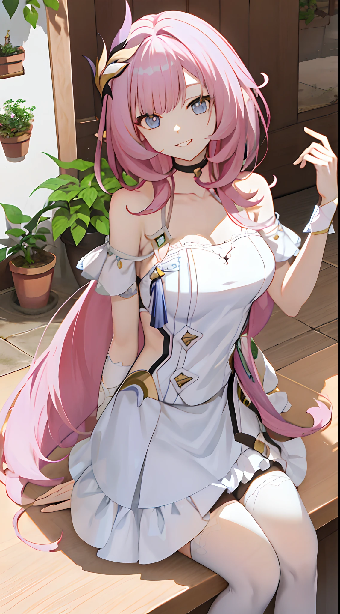 quadratic element，Honkai 3，Alicia，(((A pink-haired)))，blue color eyes，long whitr hair，A busty woman，best qualityer，The pointed ears are slightly shorter，By bangs，dated，Long eyelashes，（（dishiveredhair）），（（White feather hair ornament）），ssmile，white off shoulder dress clothes，Palm up，Dull hair，anime artsyle,Genshin Impact，long whitr hair，extra very long hair，ventania，Look ahead，Anime girl sitting at table,long and flowing hair，Affectionate look，Be red in the face，grin，having fun，Flower shop