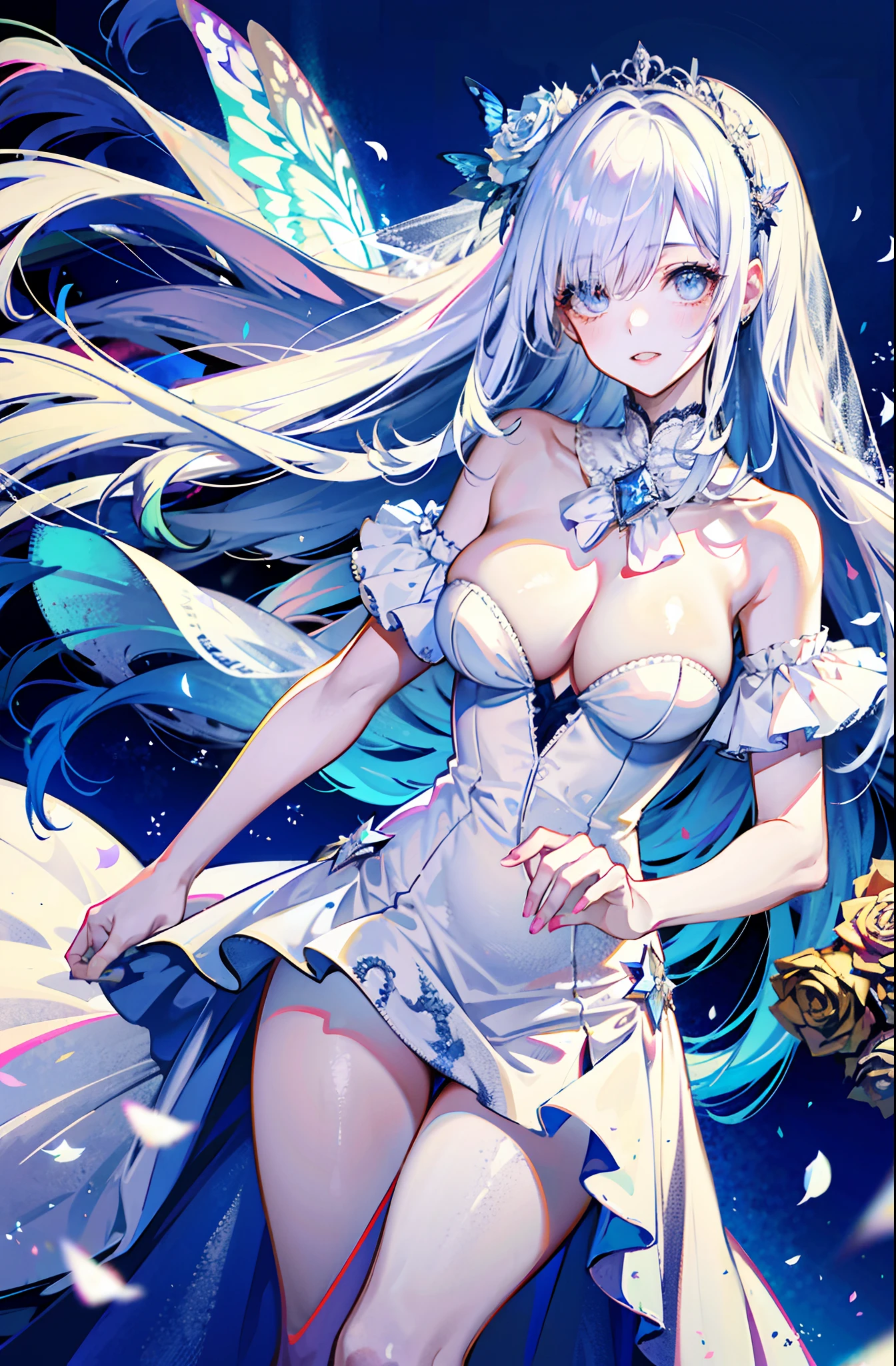 silber hair,butterflys,long whitr hair,white wedding gown,8k wallpaper,detailedbackground,Highest high resolution,deep v big breasts,Hair covers one eye,Bandeau wedding dress,chies,White rose,tight-fitting,chies,In the daytime,