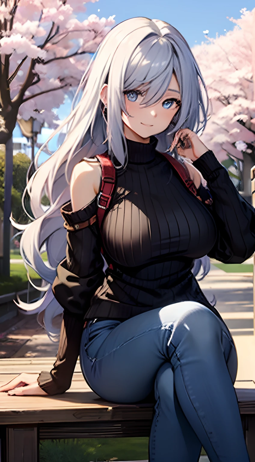 (masterpiece), ((best quality:1.3)), (expressive eyes:1.3), perfect face, white Open Chest Sweater, jeans, smile, long hair, looking at viewer, large breasts, (blushing:0.2), sitting, ((background of sakura trees)) , outside, Strong wind