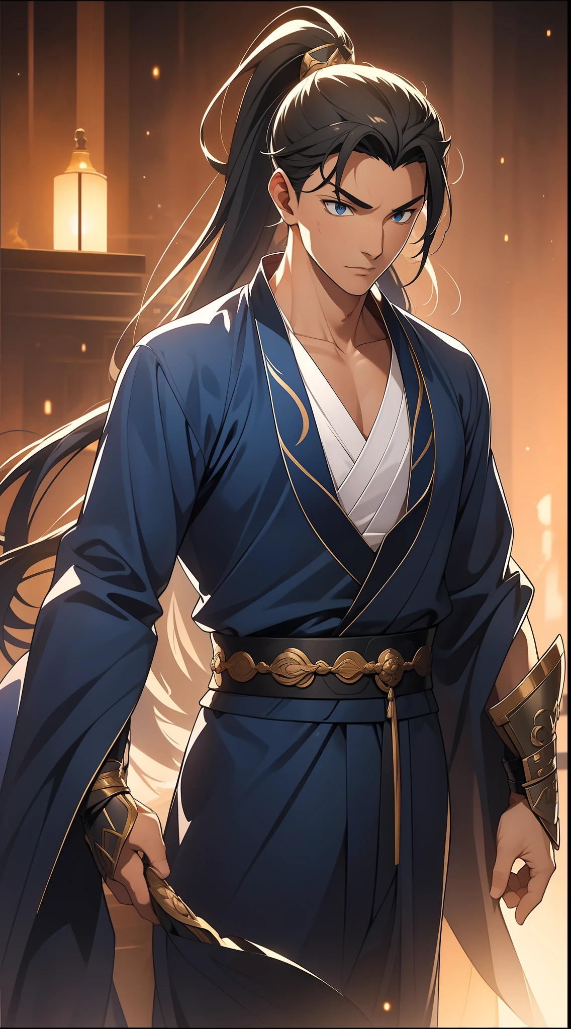 quadratic element，style of anime，mtu（Male Warrior），The proportions are correct，Face details，swordsmen，High ponytail hairstyle，Neck details，There is an Adam's apple，Blue suit，kaftan，long blue robes，clothes details，Handing over，longer sleeves，Game quality，Swordsmanship，Light and shadow tracking，Ray traching，detailed glow，cg render，hair detail，Blue long hair，blue colored eyes，Handsome，Handsome，（juvenile sense），Clothing is complicated，Perfectcomposition，Refinement，high qulity，higher details，Lots of details，The background is complex，a sense of atmosphere，